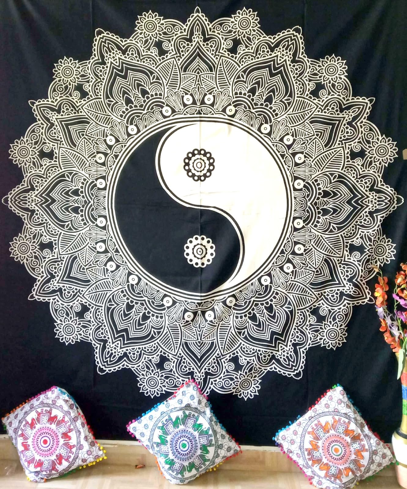 Nobel Women's Yin-Yang-Black Indian Mandala Wall Tapestry For Bedroom Aesthetic Home Decor Living Room Bedding Throw Hippie Bohemian Psychedelic Yoga Meditation (, Queen (84X90inches)(215X230cms))
