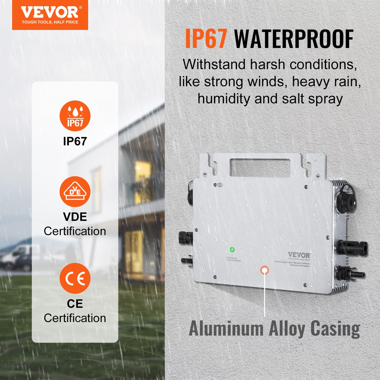 VEVOR Micro inverter per collegamento alla rete solare, 800 W, IP67 in lega di alluminio DC18-50V Tensione di esercizio con cavo di alimentazione antenna WiFi APP, per sistemi di pannelli solari