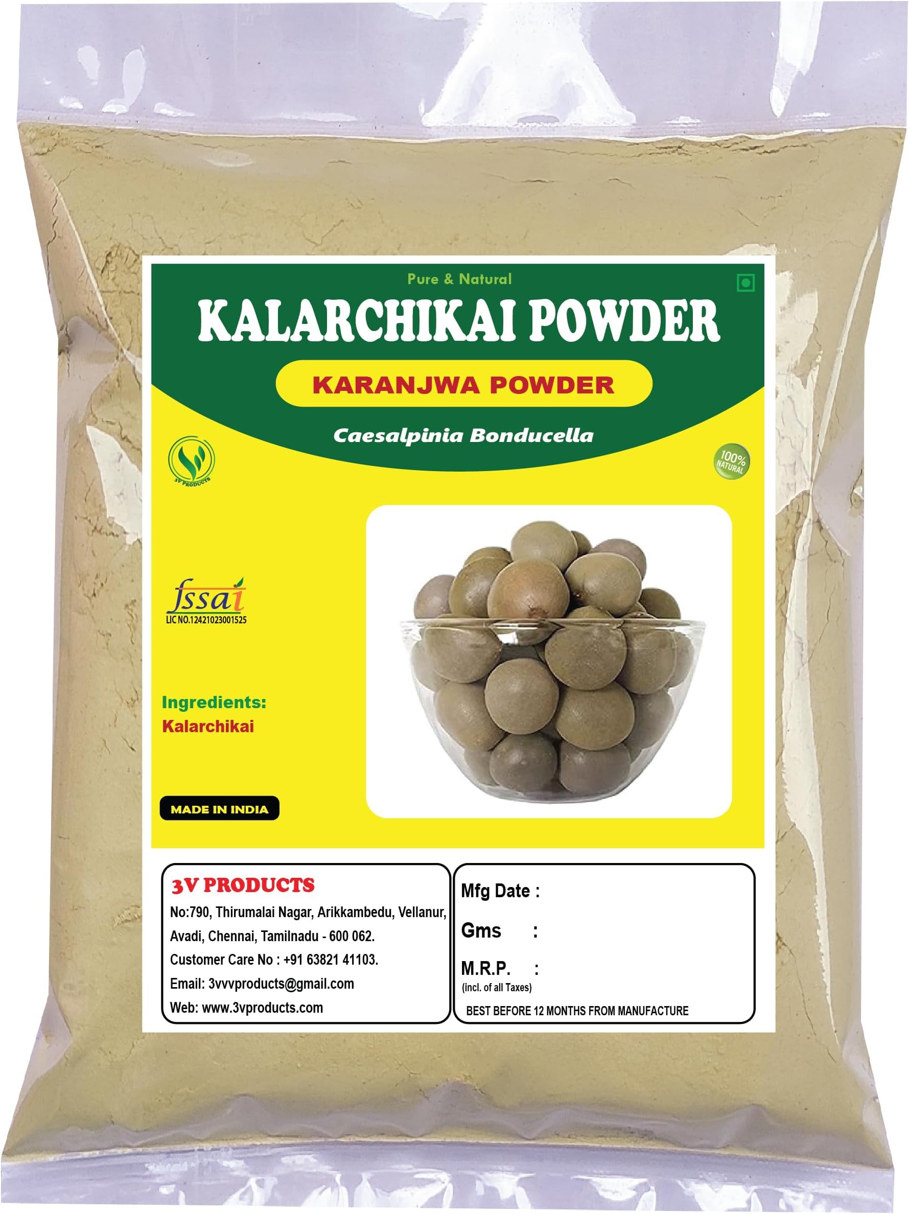 3V PRODUCTS Kalarchikai Powder - Pack of 2x100g - Fever Nut | Caesalpinia Bonducella | Kantkarej