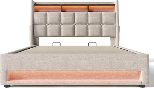 Miniatura 16 de Base de cama LED tapizada tamaño Queen, plataforma flotante de terciopelo con cabecero, MDF moderna y cama de madera contrachapada (beige-081)