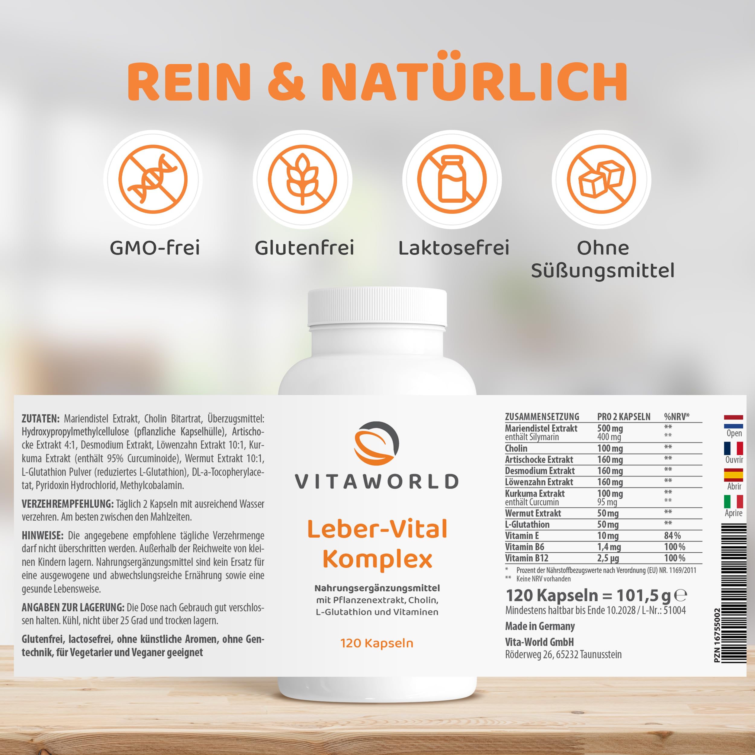 Mariendistel Artischocke Löwenzahn Komplex (120 vegane Kapseln) – Leberkur - 2-Monate – Cholin unterstützt die Leberfunktion und Entgiftung – ohne unerwünschte Zusätze – Leber Vital Komplex vitaworld