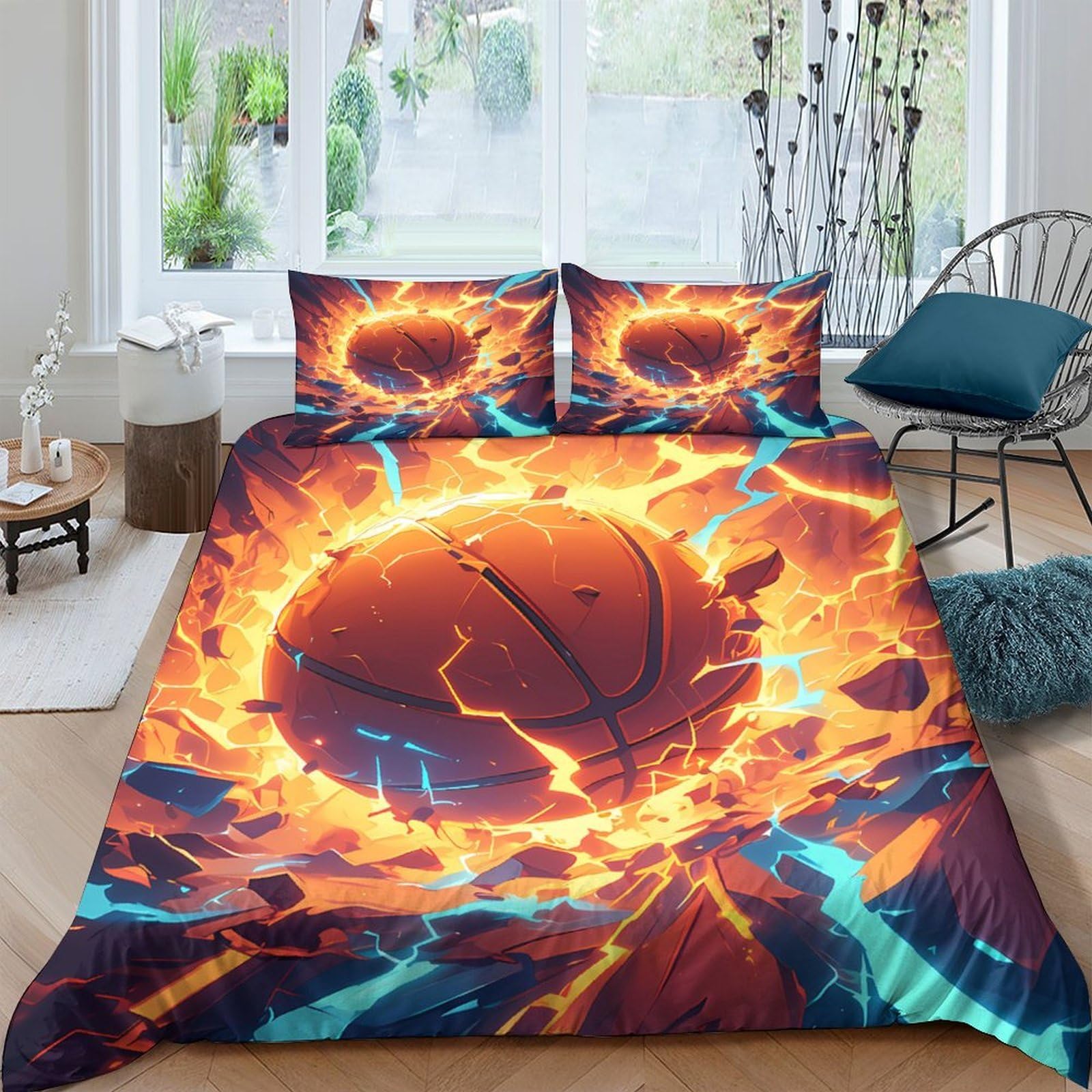 Ctjqhvkz Style-6 3D Printed Fiery Basketball Fitted Sheet Microfiber Soft Orange Blue Mattress Cover Bedroom Decor Anti-Slip Washable Single（135X200cm）