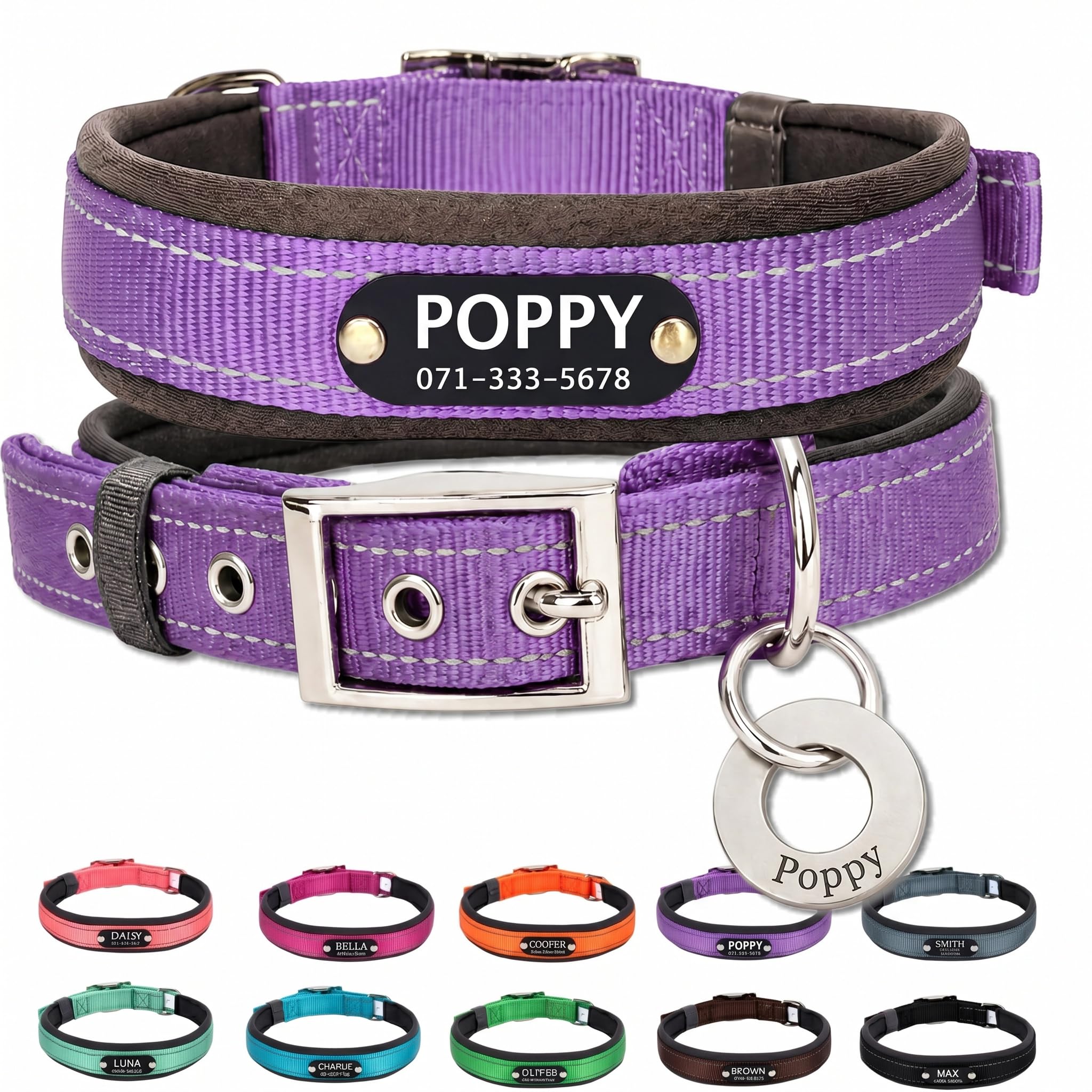 Personalised Dog Collar with Engraved ID Tag - UK Dispatched, Reflective Neoprene Padded Anti-Chafe Design | Custom Name & Phone Number | Durable UK Pet Collar for All Breeds
