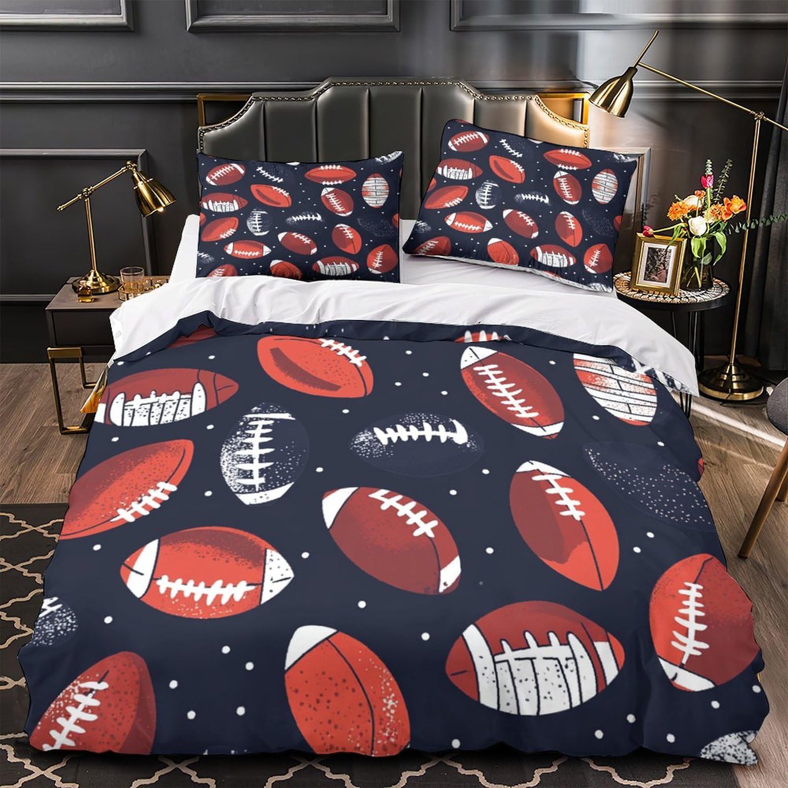 Housse de couette football américain 260x220 imprimé 3D avec drap et taies en microfibre