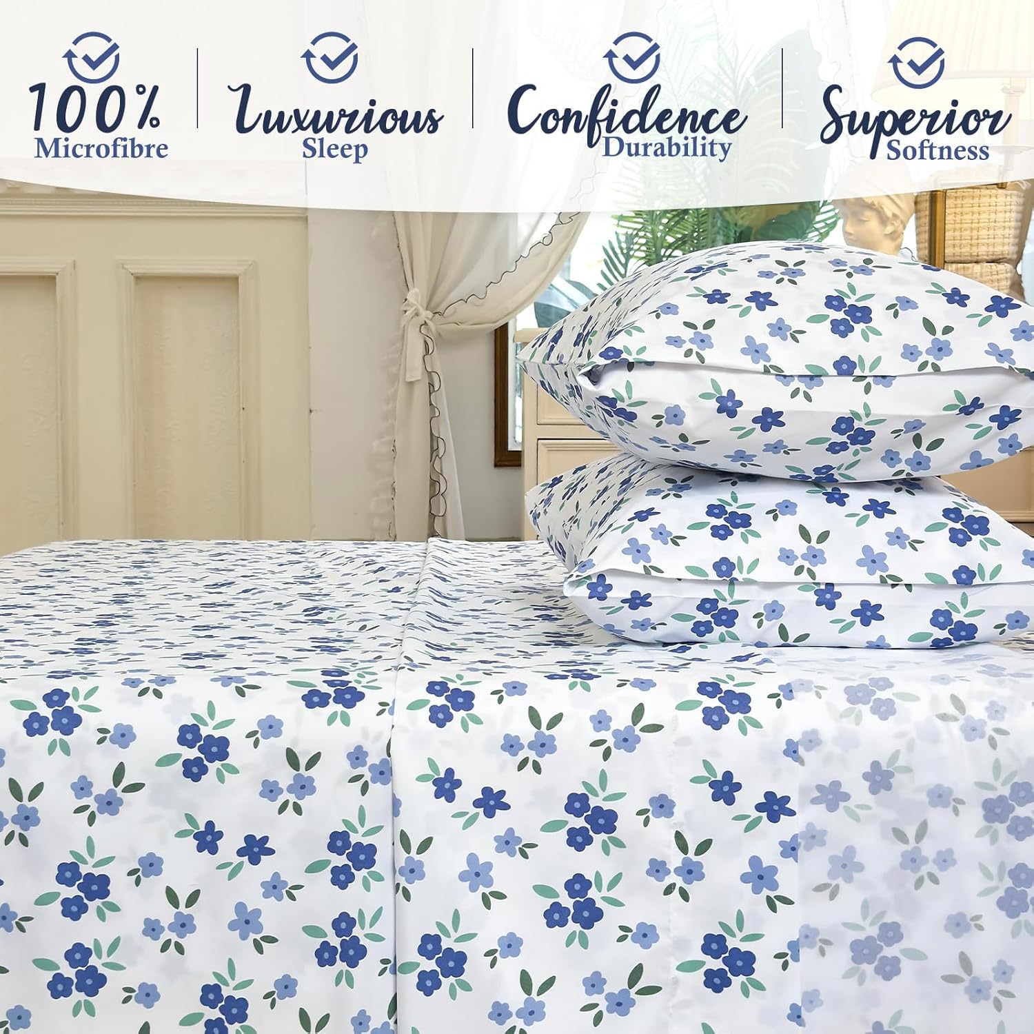 MICORAL Floral Queen Sheet Set, 4-Piece Printed Bed Sheets, 16" Deep Pocket, Ultra Soft & Cooling Sheet, Oeko-TEX Certified, Blue Blossom