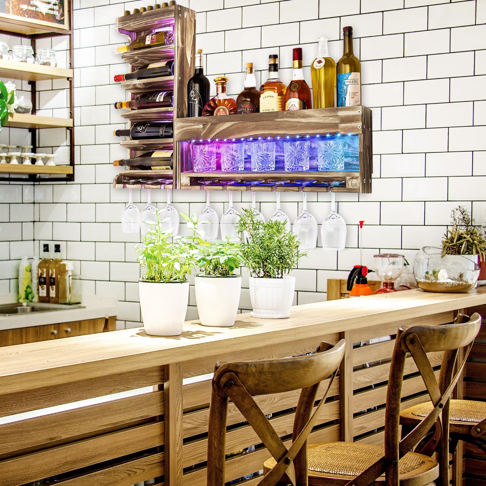 Yorbay Casier à Bouteilles Bois Flammé: Bar Mural avec 9 Porte-Verres