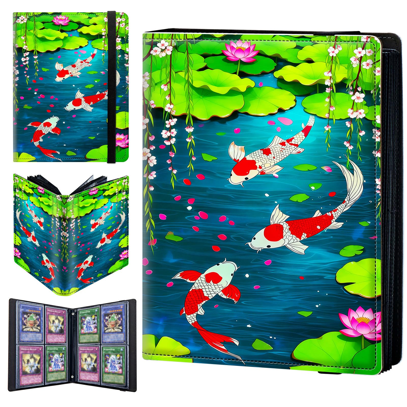 4 Pocket Trading Card Binder 320 Side Loading Pocket Album with Lotus Flowers and Carps Pattern Design Card Binder for Sports Cards & Game Cards