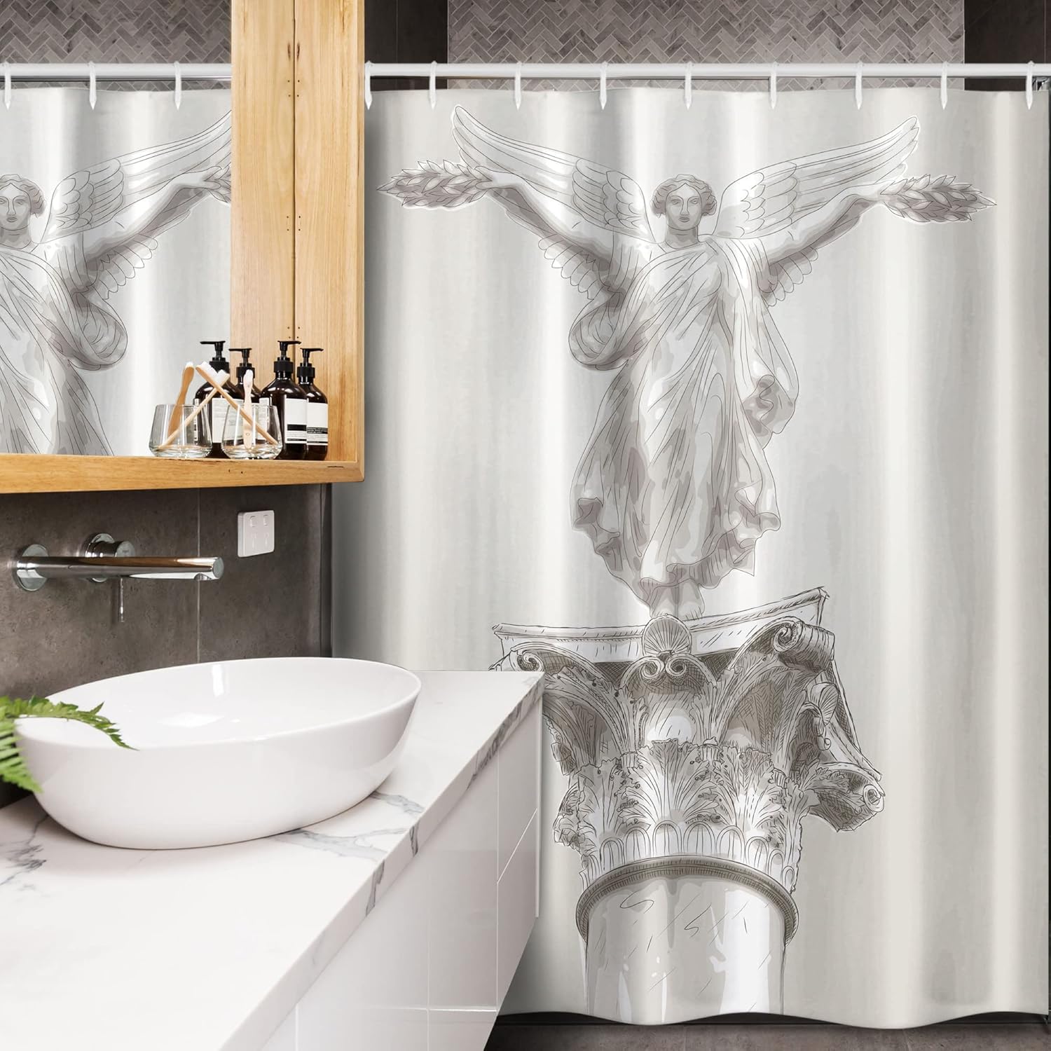Ambesonne Retro Stall Shower Curtain, Angel Greek Muse on NeoClassic Pillars Relic Print Antique Neutral Toned Graphic Print, Fabric Bathroom Decor Set with Hooks, 54" W x 78" L, White