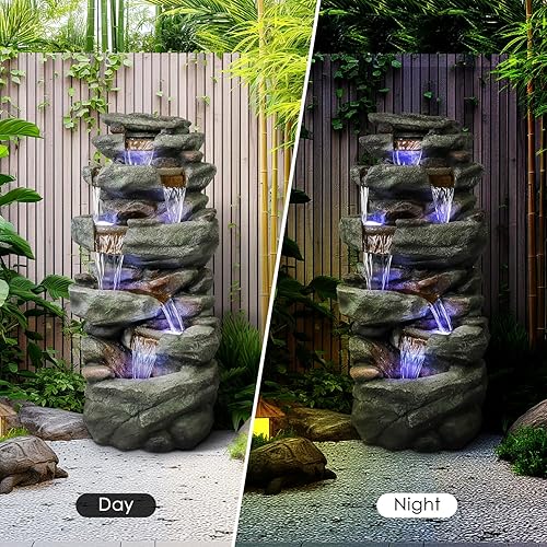 Miniatura 3 de SunJet Fuente de agua para exteriores de 40.5 pulgadas de alto, cascada en cascada de 6 niveles con luces LED, tranquilidad calmante para el hogar,