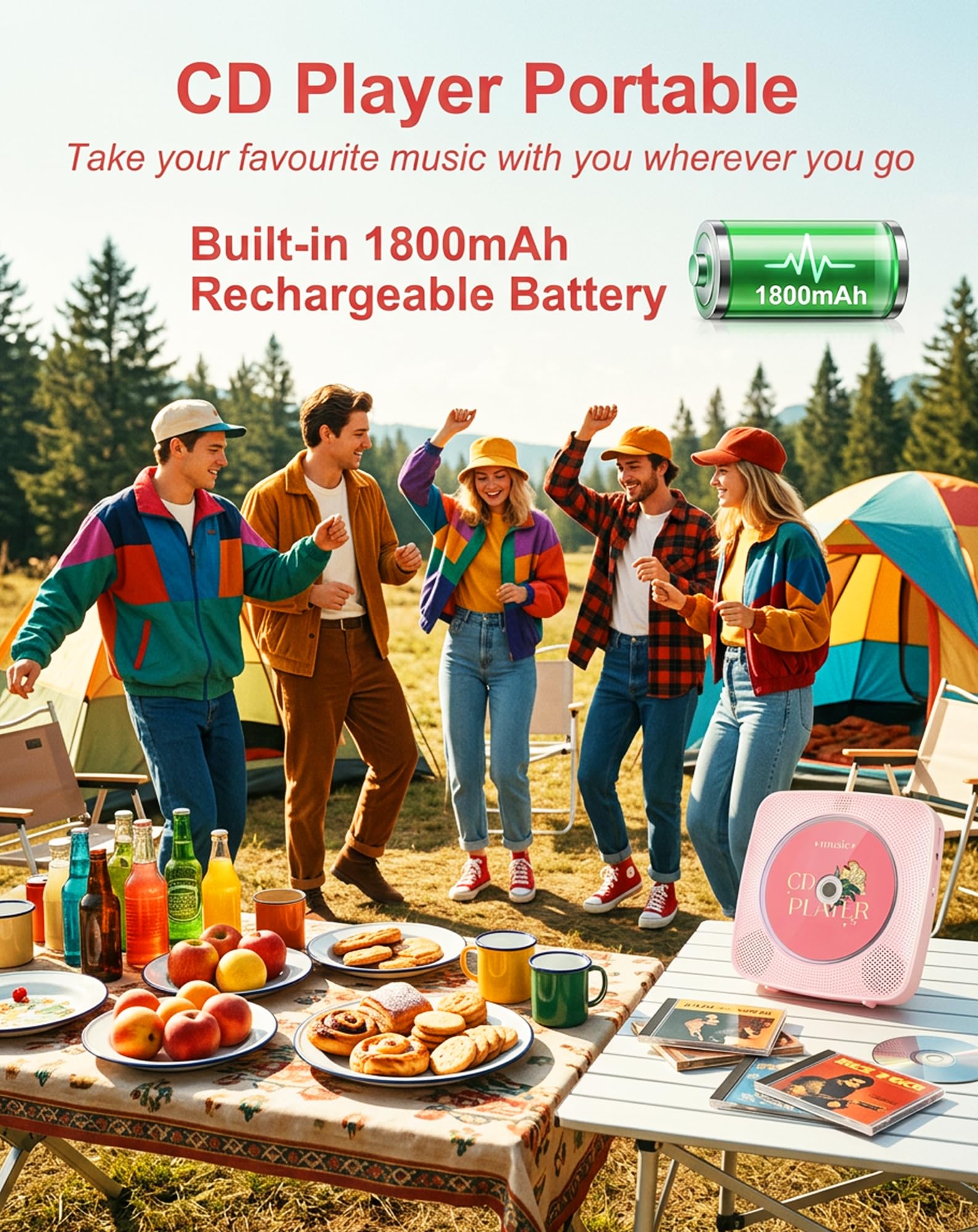 CD Player Tragbar Bluetooth Radio mit CD-Player mit Lautsprecher Unterstützung USB & AUX-Wiedergabe mit Fernbedienung Staubschutzhülle Rosa