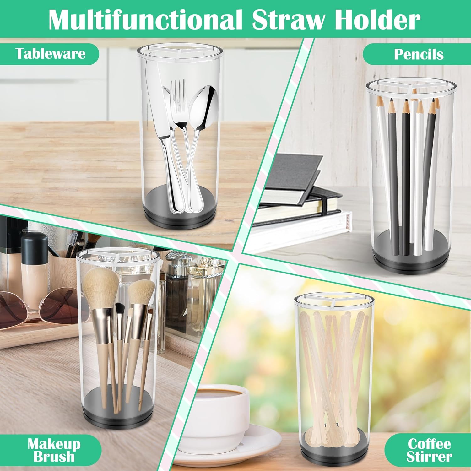 Straw Holder for Counter with 100 Colored Straws, AHIER Acrylic Transparent Straw Dispenser with Rotatable Base Container for Kitchen Counter Decor - Image 7