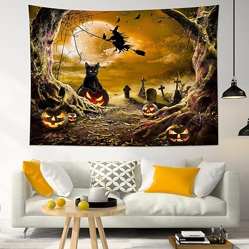 LB Arte de pared de Halloween, gato de bruja de terror y luces de calabaza de árbol muerto con cementerio espeluznante naranja de luna llena sobre