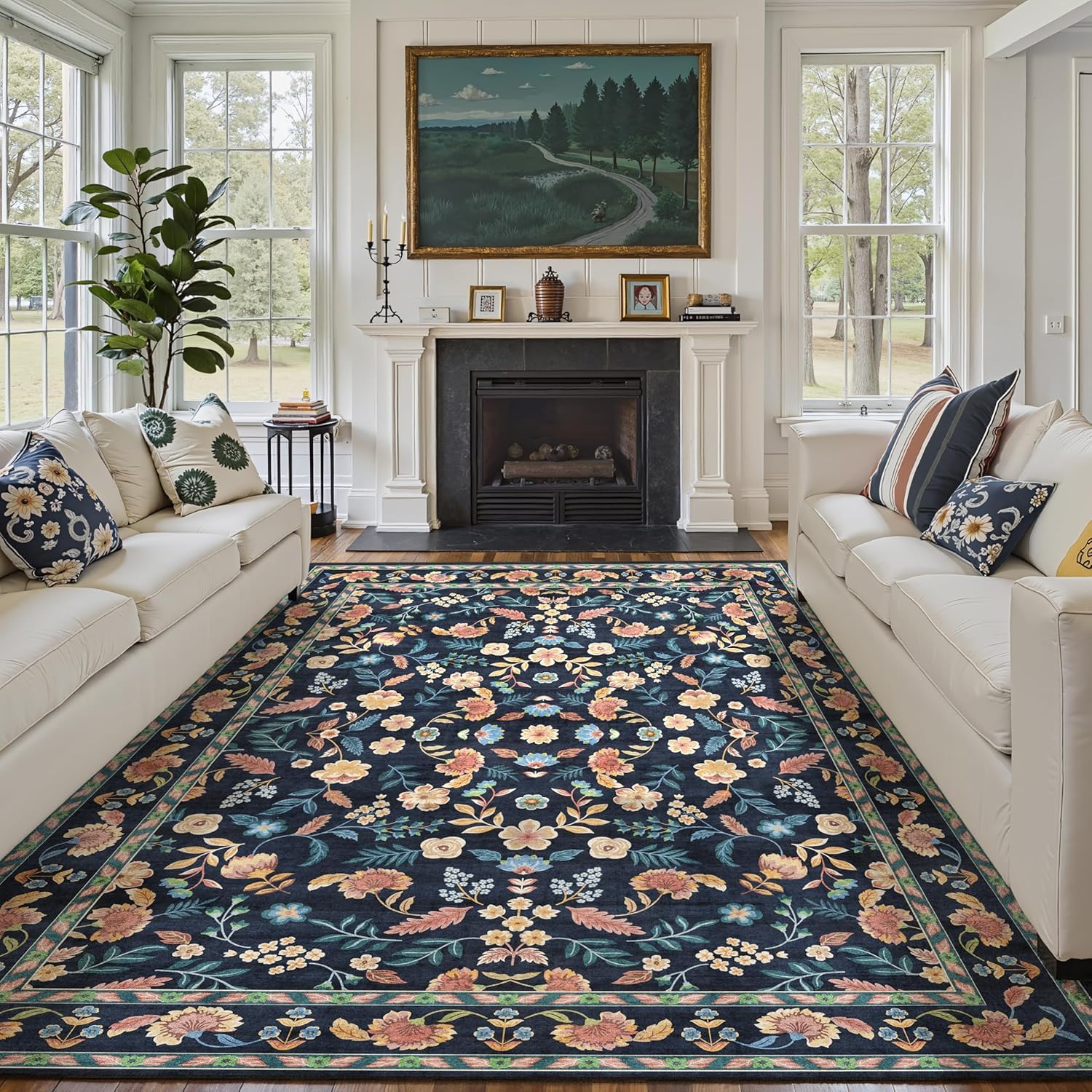 Tapis antidérapant de chambre lavable tapis cuisine floral rétro bleu jaune 140x160