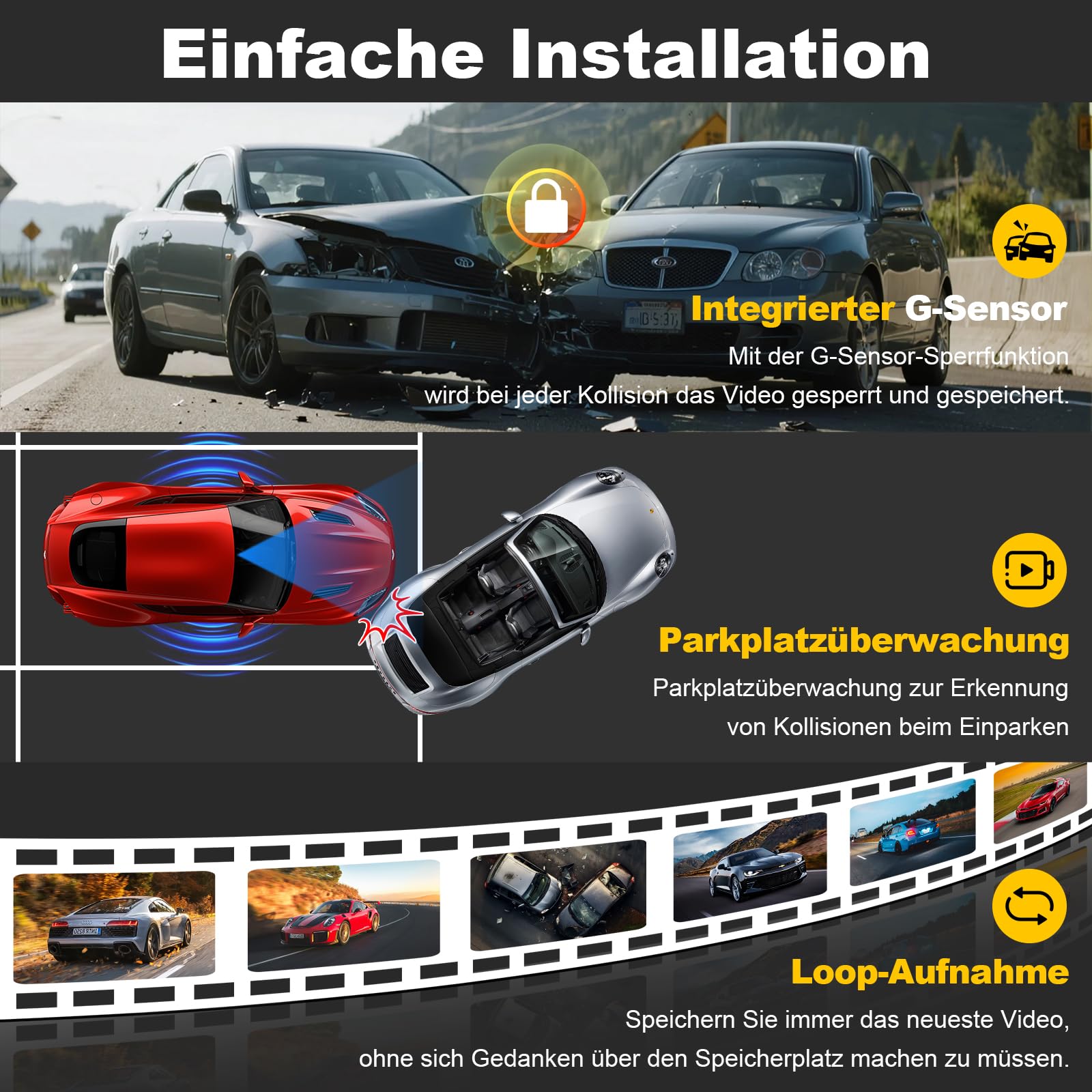 Dashcam 4K 5GHz WiFi GPS 2.0" IPS 170° Weitwinkel Dual Auto Kamera 24Std Parküberwachung Super Nachtsicht WDR G-Sensor Loop-Aufnahme 64GB SD Karte