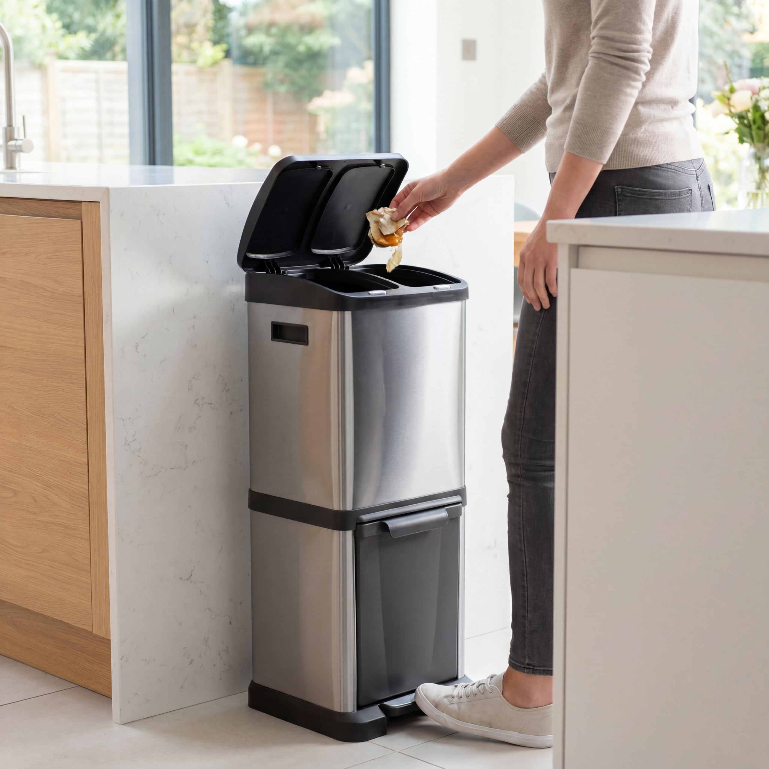 HJH Office cestino CLEAN VII in acciaio, sistema di separazione dei rifiuti con 3 scomparti (2 x 8L + 1 x 16L), uso universale, argento, 741100
