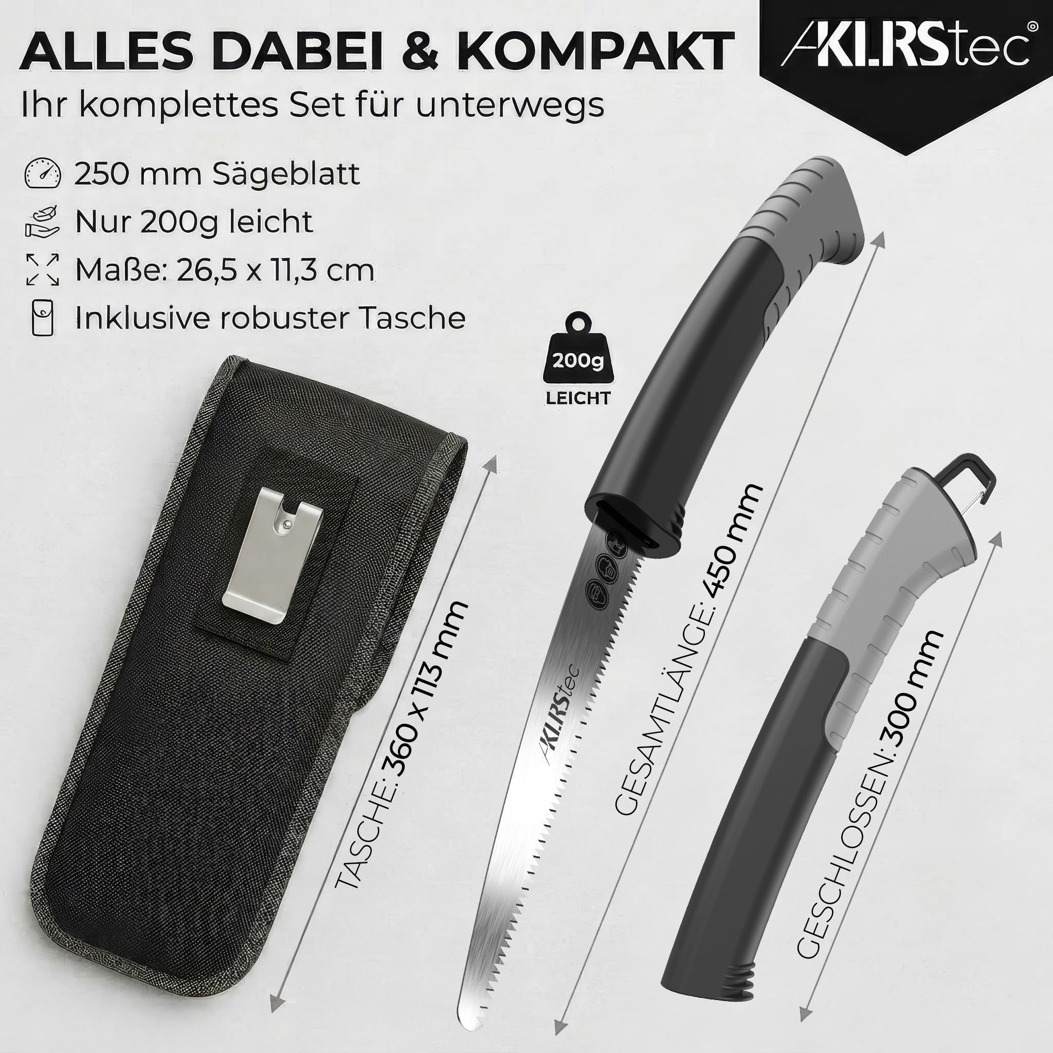 KLRStec SlidePro Astsäge [25cm Sägeblatt] Profi Handsäge mit Safety-Slide-Mechanismus aus SK5-Karbonstahl | Stabile Holzsäge, Gartensäge, Baumsäge & Outdoor Säge inkl. Tasche