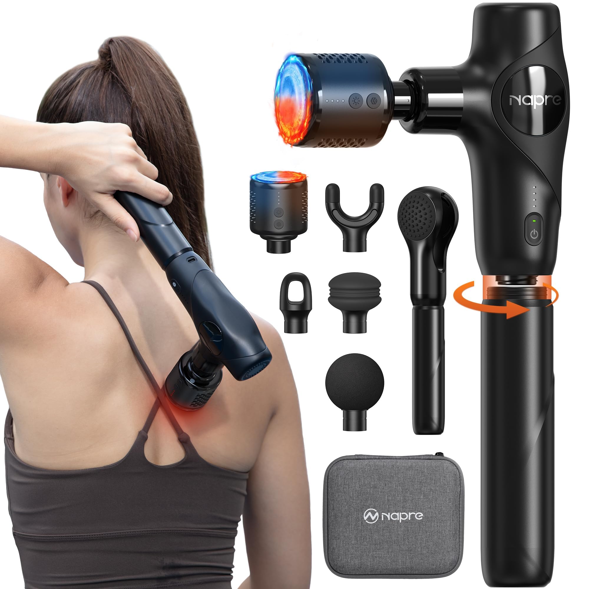 Pistola Massaggio Muscolare NAPRE Mini Pistola Massaggiante a Percussione con Testina Caldo e Freddo,Massage Gun,Massaggiatore Muscolare Profondo con Impugnatura Staccabile,Silenzioso,5 Testine