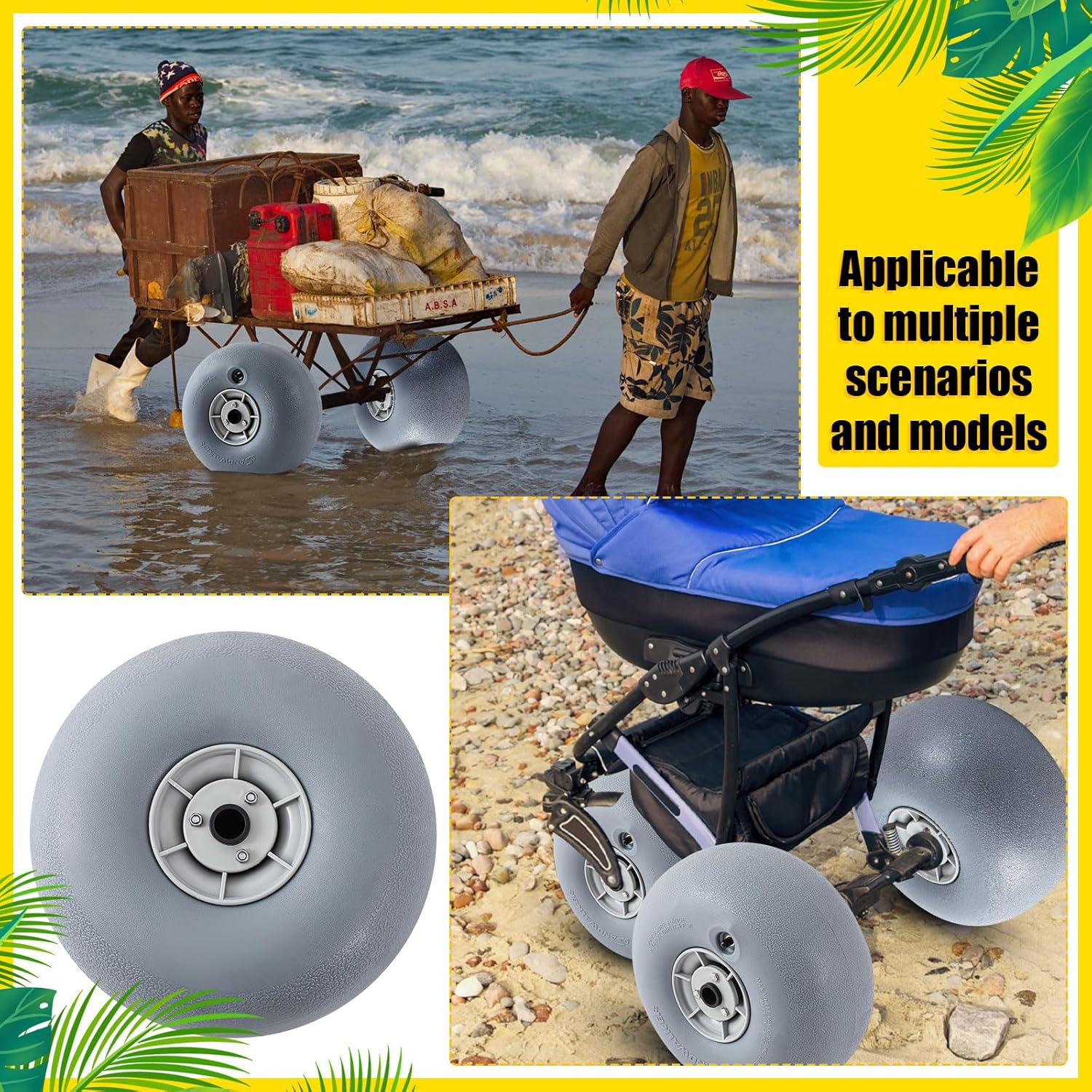 Lenwen 2 Pack PU Beach Balloon Wheels Beach Cart Tires Replacement Big Sand Wheels with 1 Air Pump for Kayak Canoe Cart Rolling Walker Wheelchair and Boat