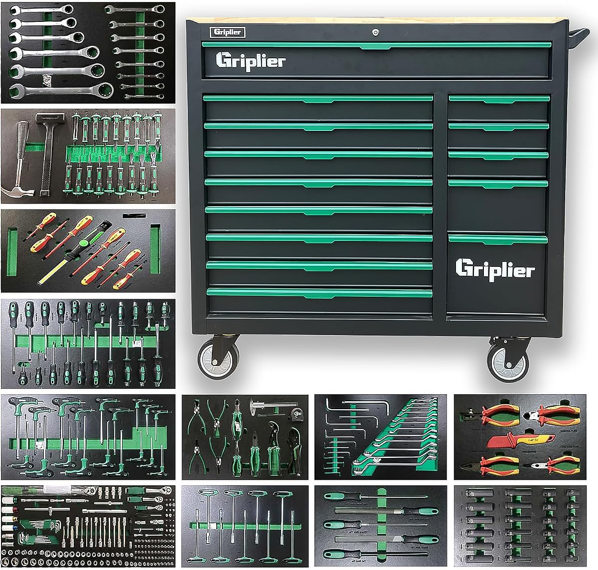 14-Drawers Rolling Tool Chest with Wood Workbench,Brake Casters,Lock & Key,Heavy-Duty Steel Tool Cabinet Storage, for Home,Garbge or Workshop Use (14 Drawer + 348 Pieces Tools)