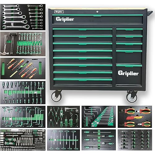 14-Drawers Rolling Tool Chest with Wood Workbench,Brake Casters,Lock & Key,Heavy-Duty Steel Tool Cabinet Storage, for Home,Garbge or Workshop Use (14 Drawer + 348 Pieces Tools)