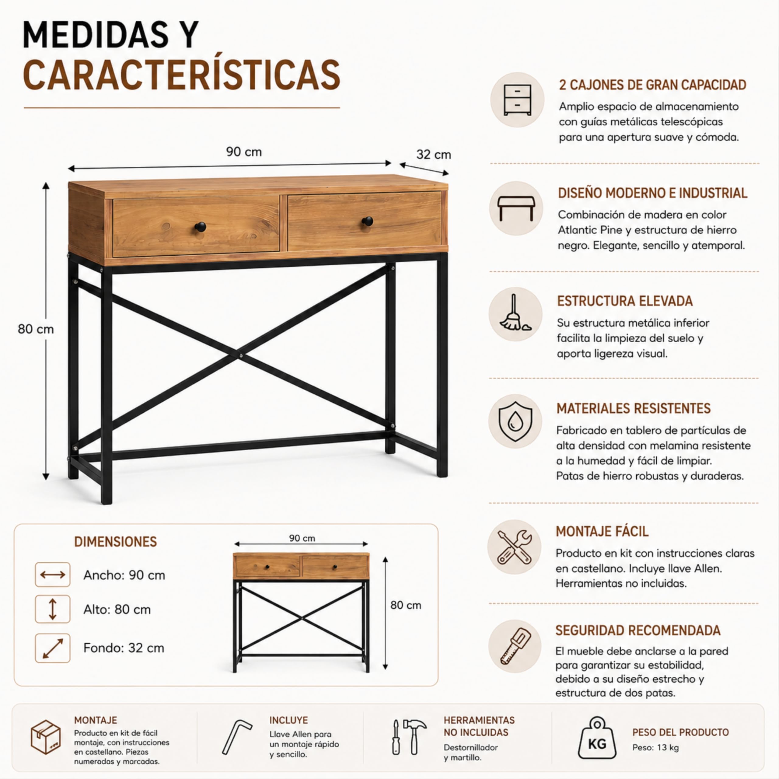Recibidor Consola Metal y Atlantic Pine con Dos cajones 90 x 32 x 80 cm. Zeus