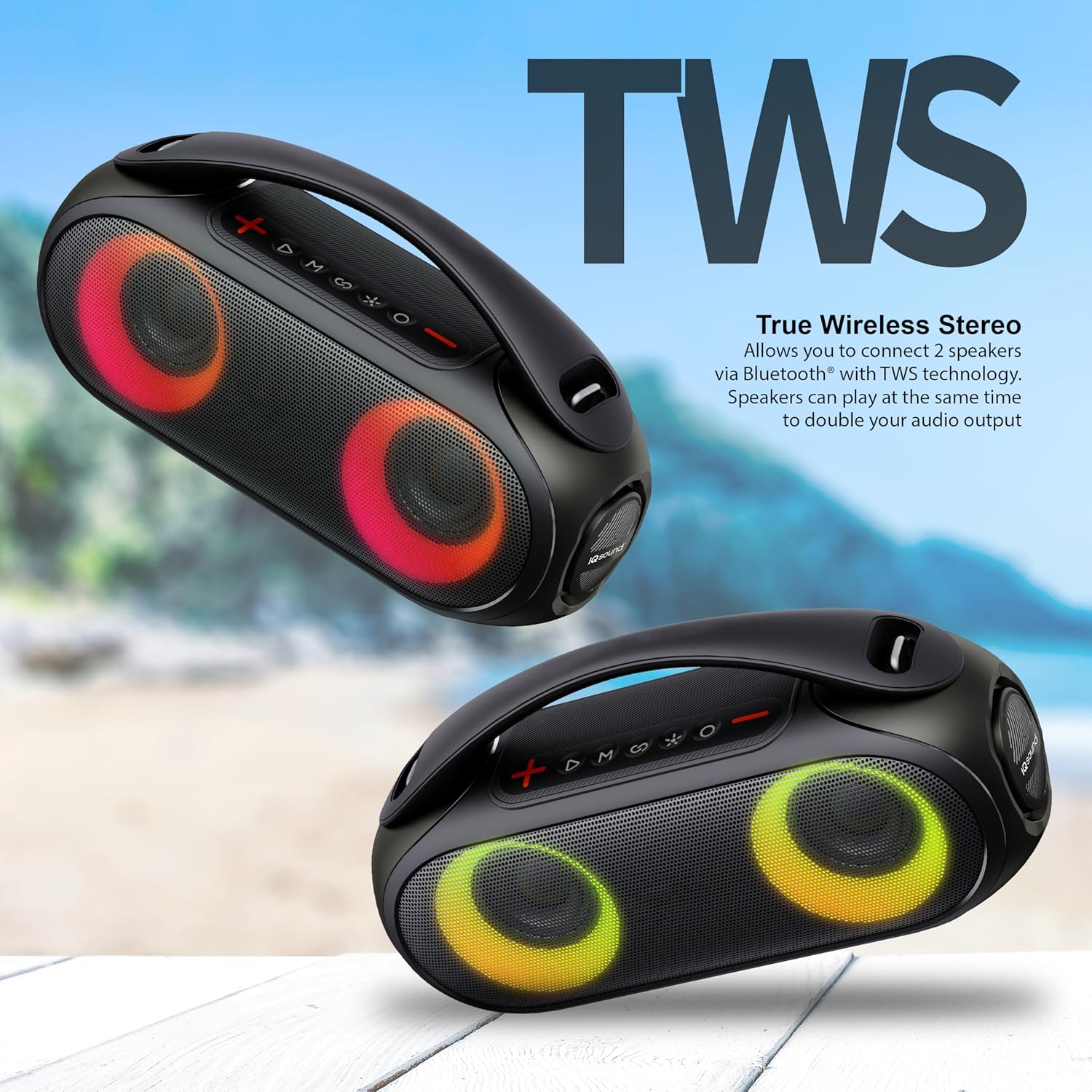 Two IQ Sound IQ-3530RGB speakers demonstrating TWS feature