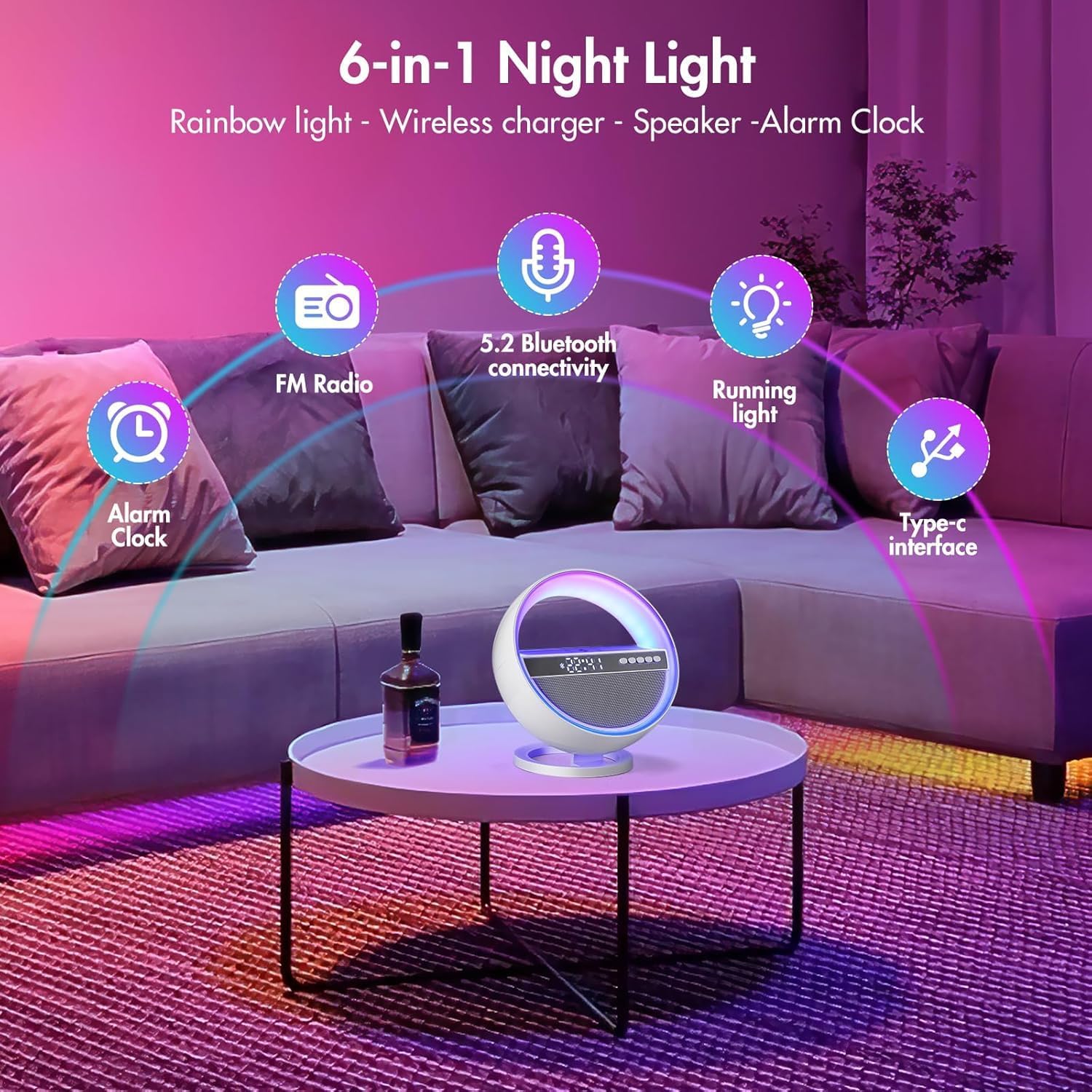 Mood Lamp with Up to 15W Wireless Charger, 6 in 1 Smart Alarm Clock, Bluetooth Speaker, LED Table Lamp with 12 RGB Colors, Bedside Nightstand Lamp, Modern Desk Lamp Gift - G5 - Image 2
