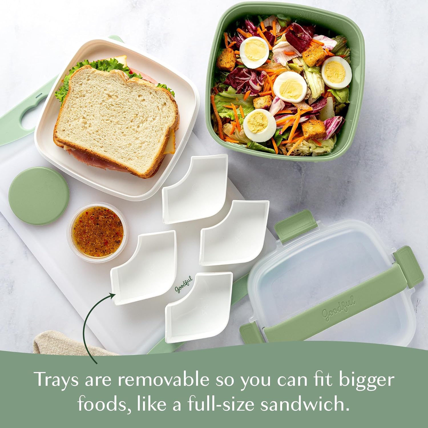 Goodful Stackable Lunch Box Container, Bento Style Food Storage with Removeable Compartments for Sandwich, Snacks, Toppings & Dressing, Leak-Proof and Made without BPA, 56-Ounce, Sage - Image 5