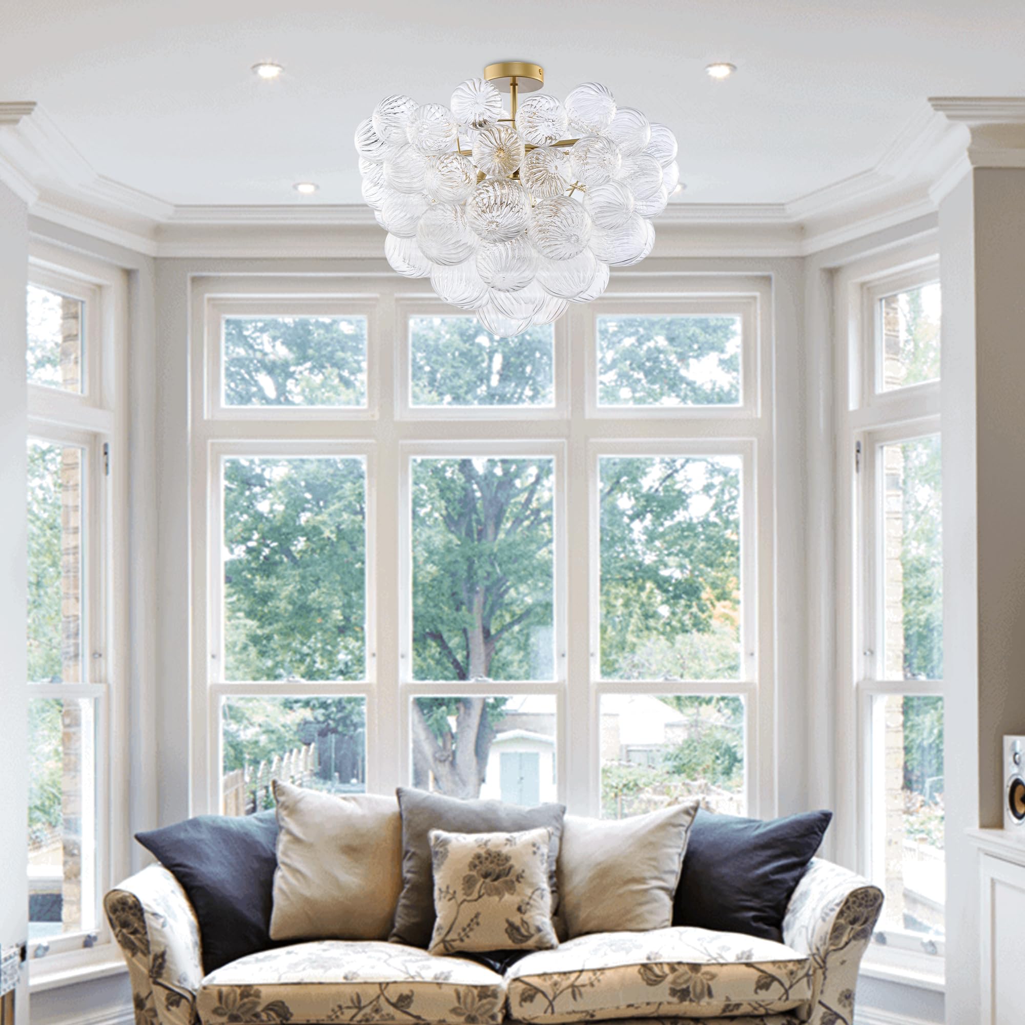 Gold Kronleuchter,Bubble-Glas Deckenleuchte, 6 Leuchten Pendelleuchte,D60 x H45 cm Einbau-Deckenleuchte für Wohnzimmer für Küche Esszimmer Schlafzimmer Flur (60 × 45 Einbau)