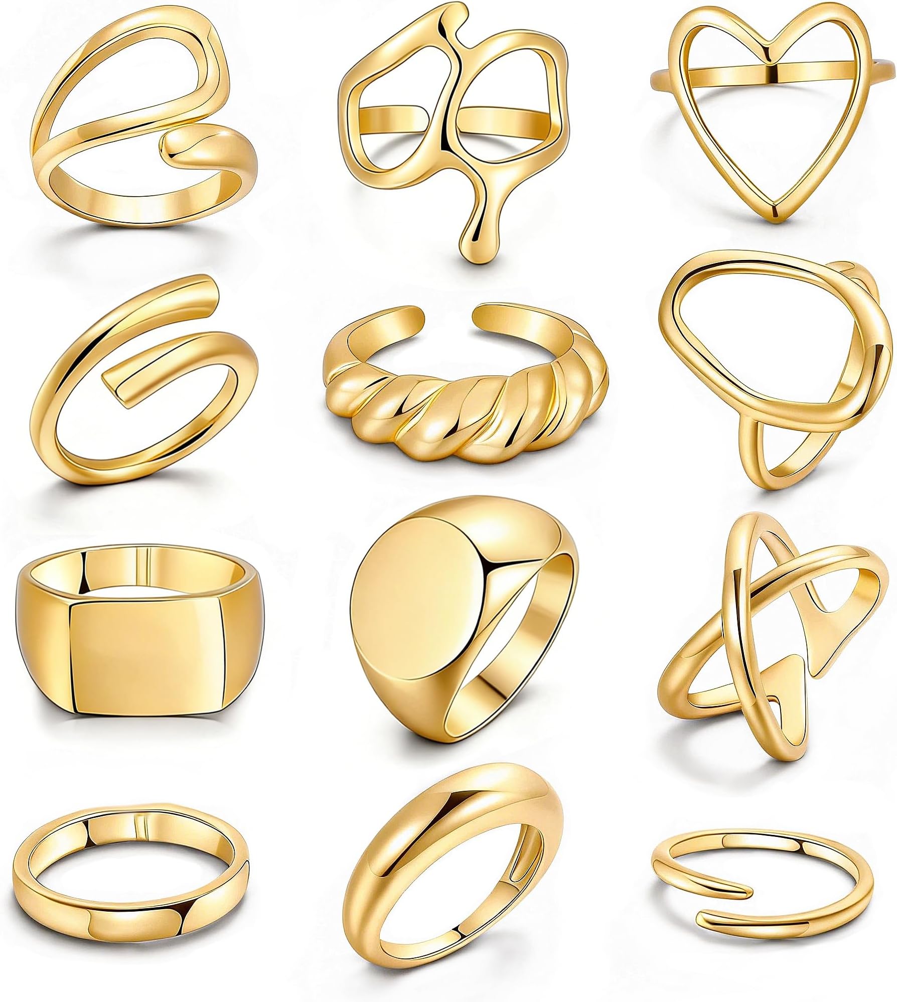12PCS Gold Stackable Rings Set for Women, 18K Gold Plated Open Stacking Knuckle Ring, Adjustable Chunky Signet Band Statement Ring for Gift