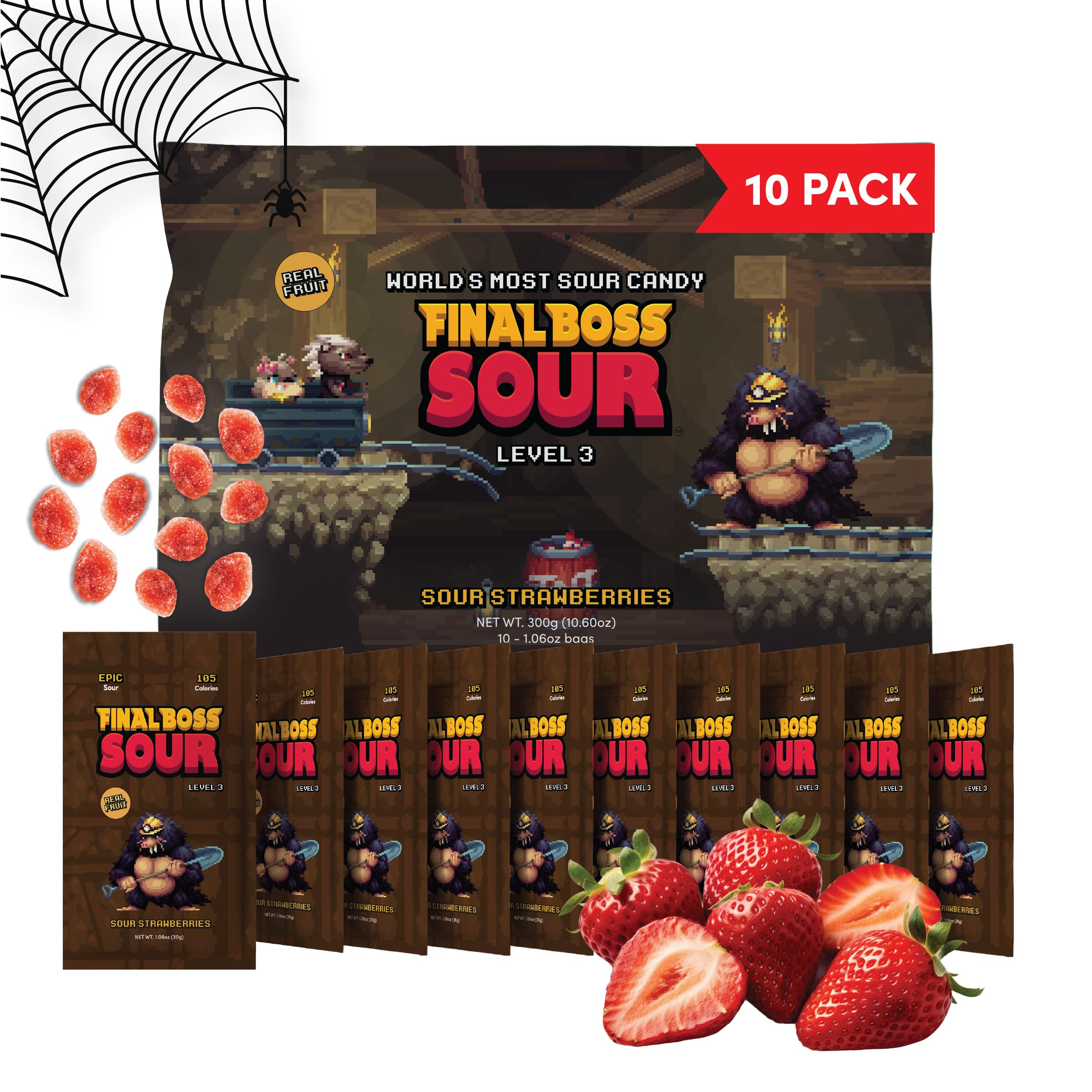 Final Boss Halloween Sour Candy, Sour Strawberries, 10 Pack, Level 3, Fruit Chews with Real Dried Fruit, No Artificial Colors or Flavors, Low Calorie Snack for Kids, Teens, Adults, Lunch Boxes