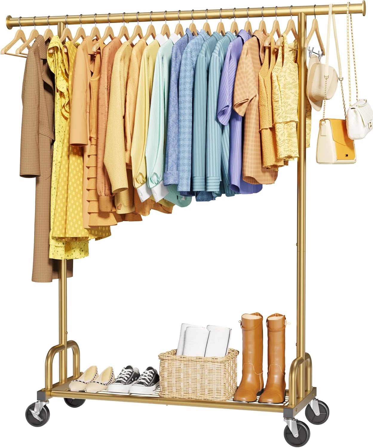 clothes rack - large-capacity clothing racks for hanging clothes with lockable wheels, space-saving metal coat rack for bedroom, laundry room, entryway, 45.6" x 16.9" x 59", gold gold 45.6" x 16.9" x 59"(1 rod)