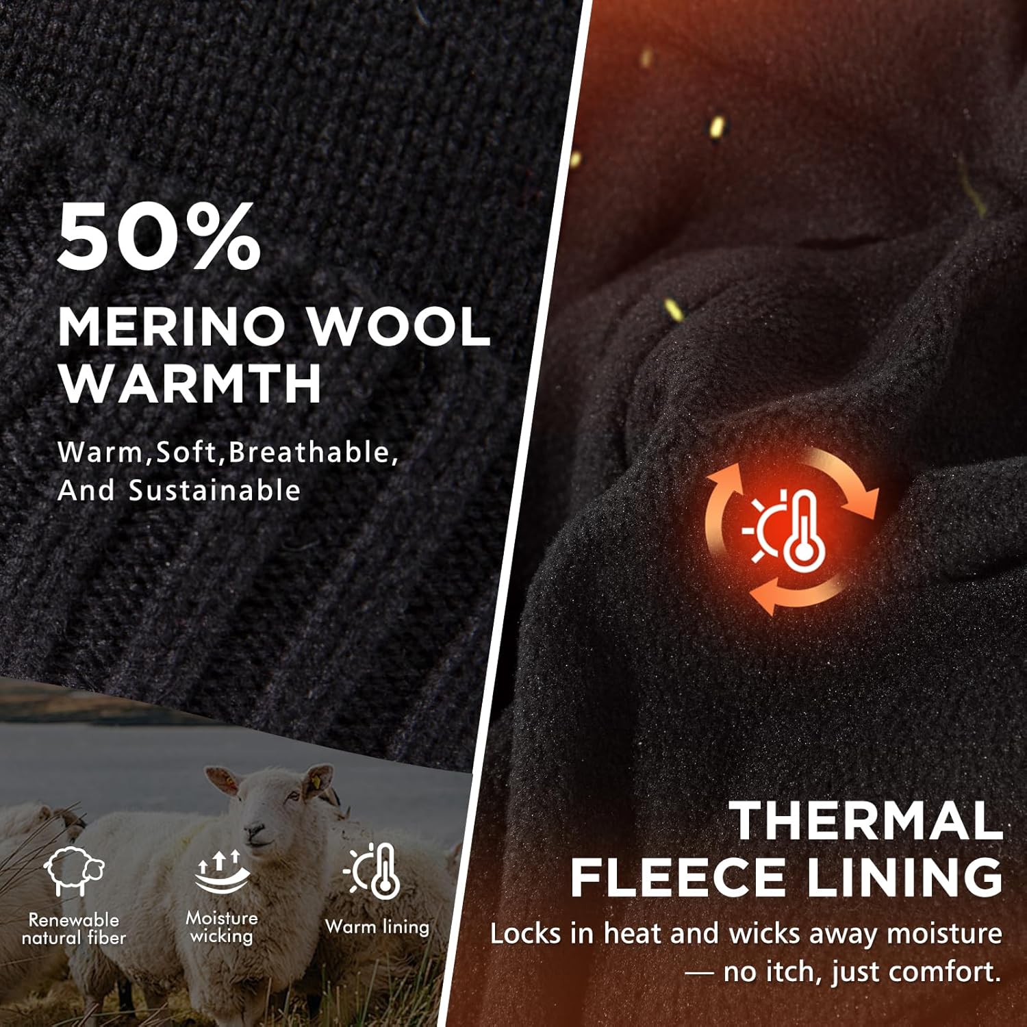 TOP-EX DryKnit™ Waterproof M/L XL/XXL Fleece Lined Beanie with Brim, Merino Wool Warm Cold Weather Visor Cap - Image 3