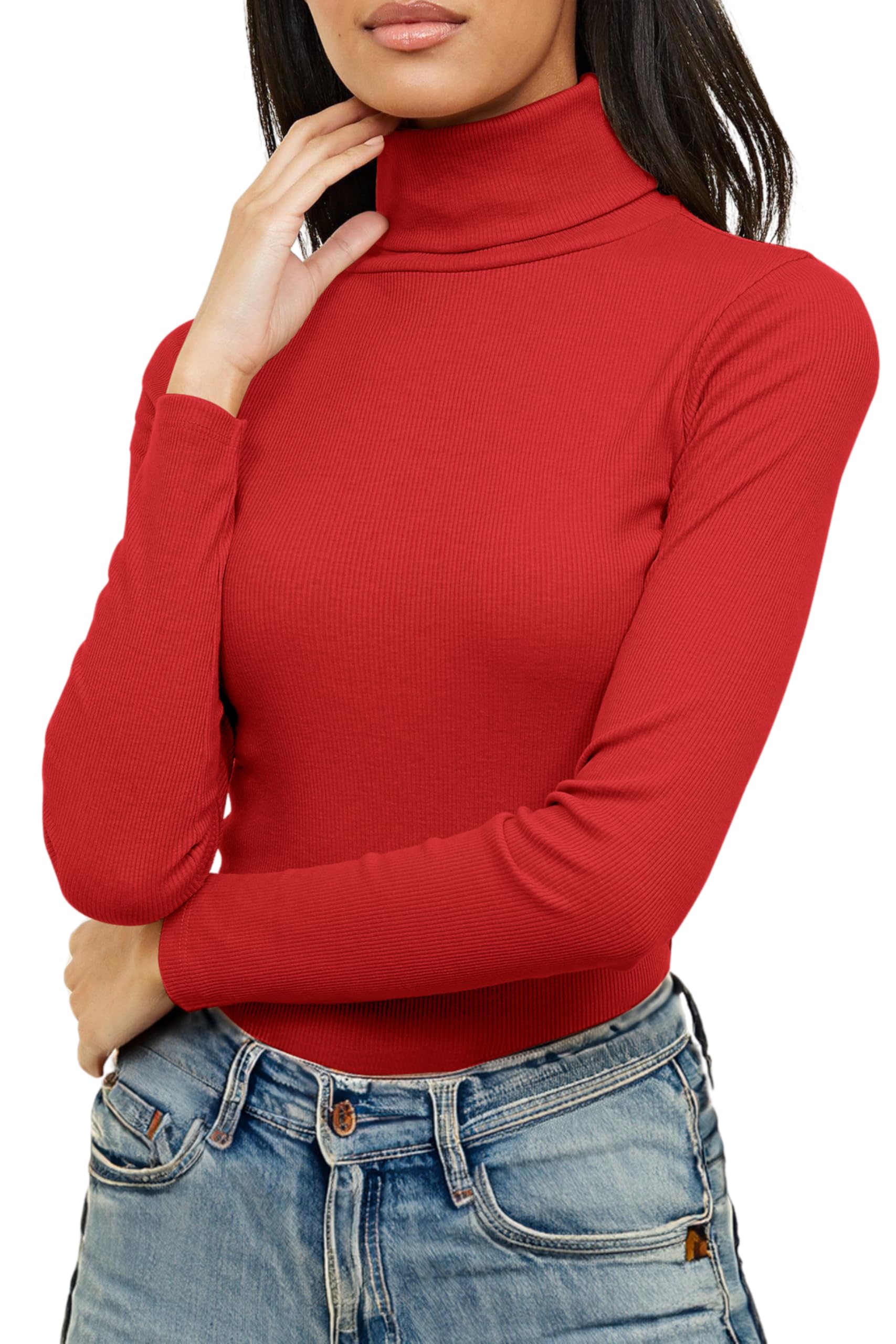 Re Tech UK Ladies Plain Ribbed Cotton Polo Turtle Roll Neck Tunic Top Jumper Full Sleeve, Red, S/M 8-10