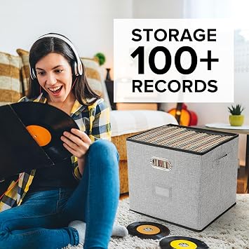 Vinyl Record Storage Box Hold 100+ 12 Albums Stackable LP Storage Bin with Lid Record Holder Protect Albums, CDs, Books, Magzine, Files