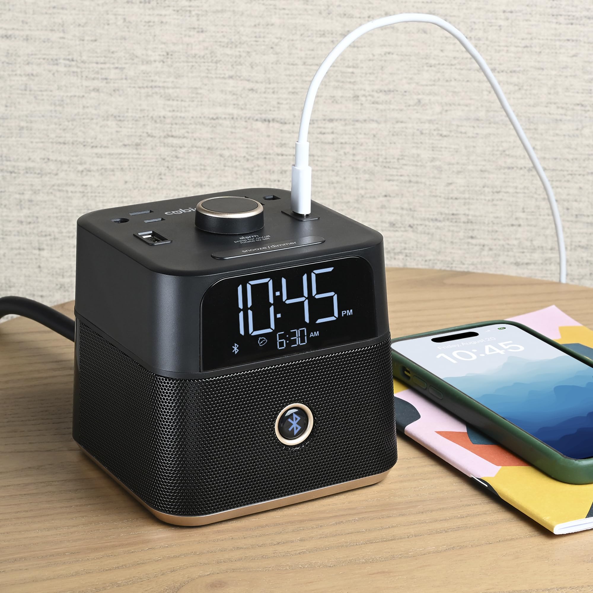 Brandstand CubieBlue Chargeur de montre, facile à utiliser et maniable, 2 ports USB, 2 prises anti-manipulation, haut-parleur Bluetooth