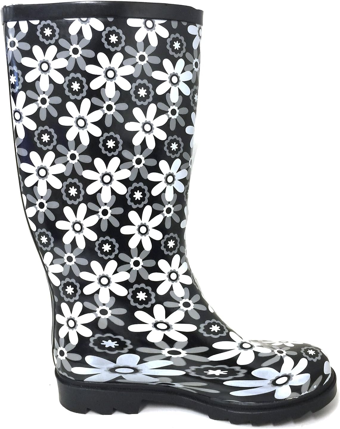 G4U Women's Rain Boots Multiple Styles Color Mid Calf Buckle Fashion Rubber Knee High Snow Shoes (9 B(M) US, Black/White Flowers)