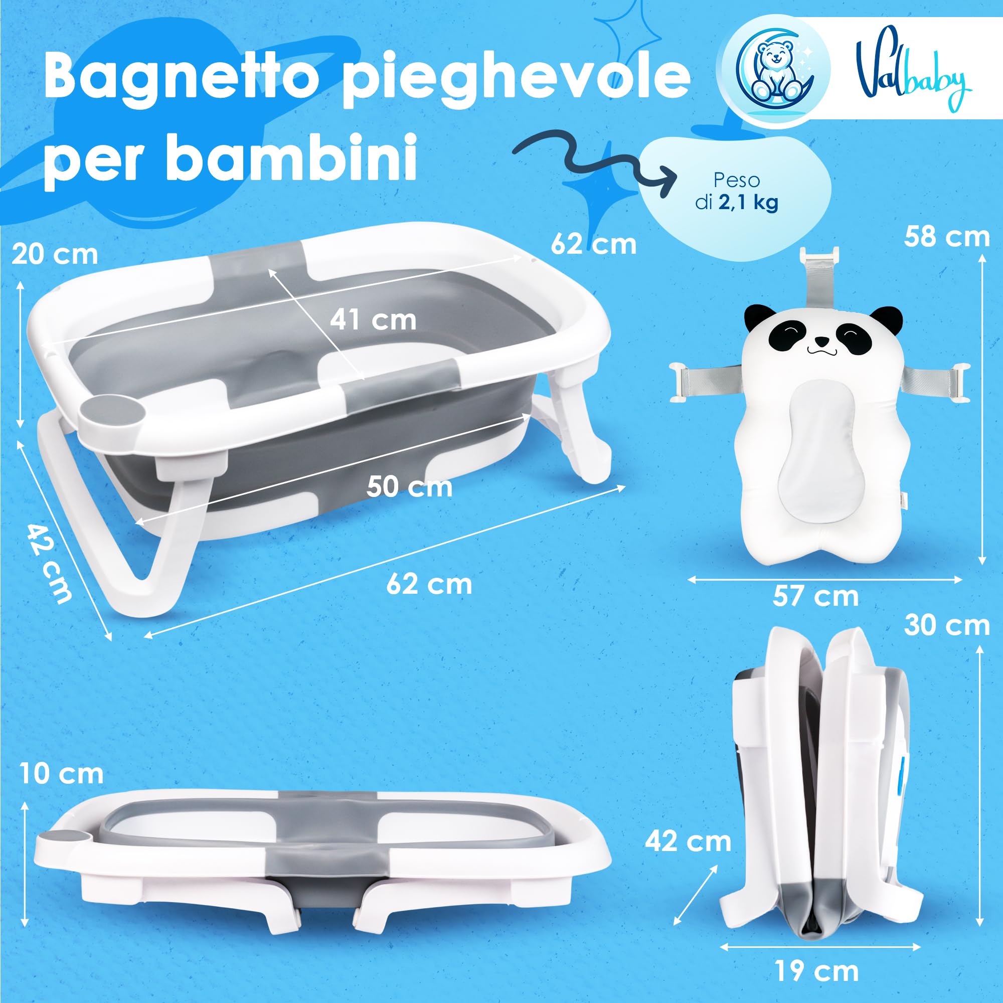 Vaschetta Bagnetto Neonato Pieghevole 0-3 Anni con Cuscino Antiscivolo Ergonomico - Vasca da Bagno Neonati Portatile e Compatta Facile da Pulire Bambini 0-3 Anni - Baby Bath Tub Sicuro | VALBABY