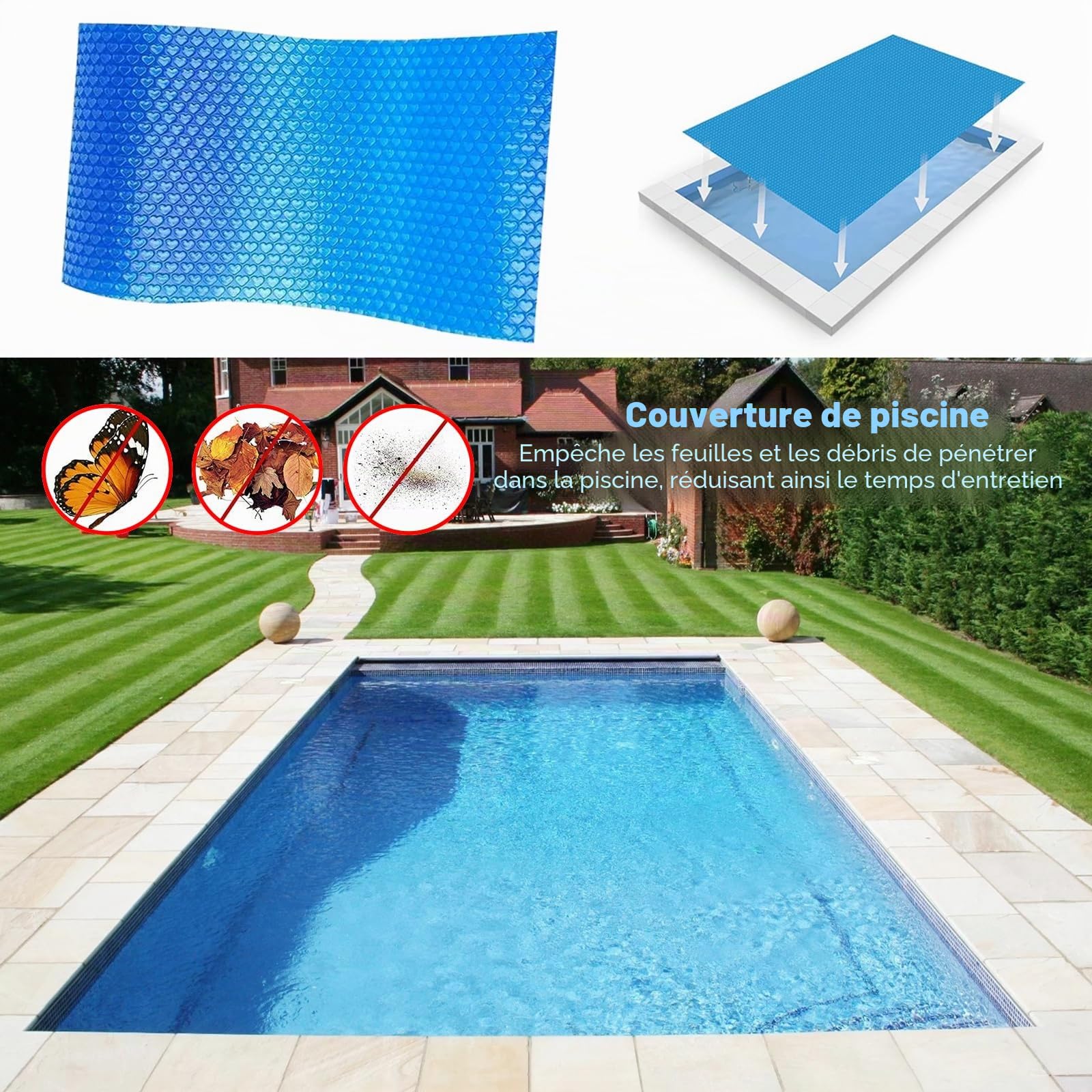 Bâche de protection ronde pour piscine, bâche solaire à bulles, film isolant de piscine, épais et durable, résistant à la poussière et aux feuilles, découpable (bleu, 300 x 200 cm)