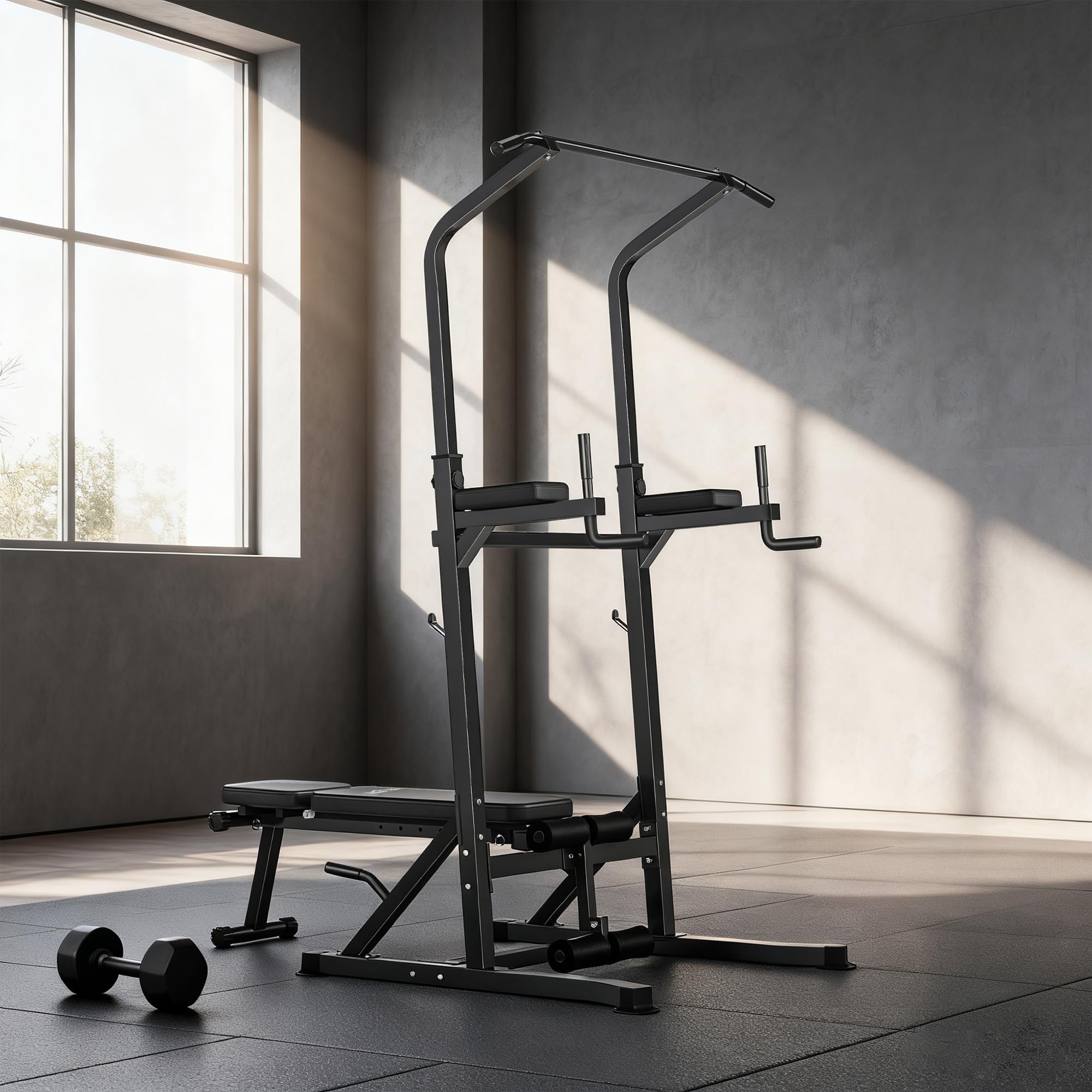 HOMCOM Estación de Musculación Torre de Entrenamiento Altura Ajustable con Barra de Dominadas y Banco Plegable para Fitness en Casa Gimnasio Carga 150 kg 99x178x230 cm Negro