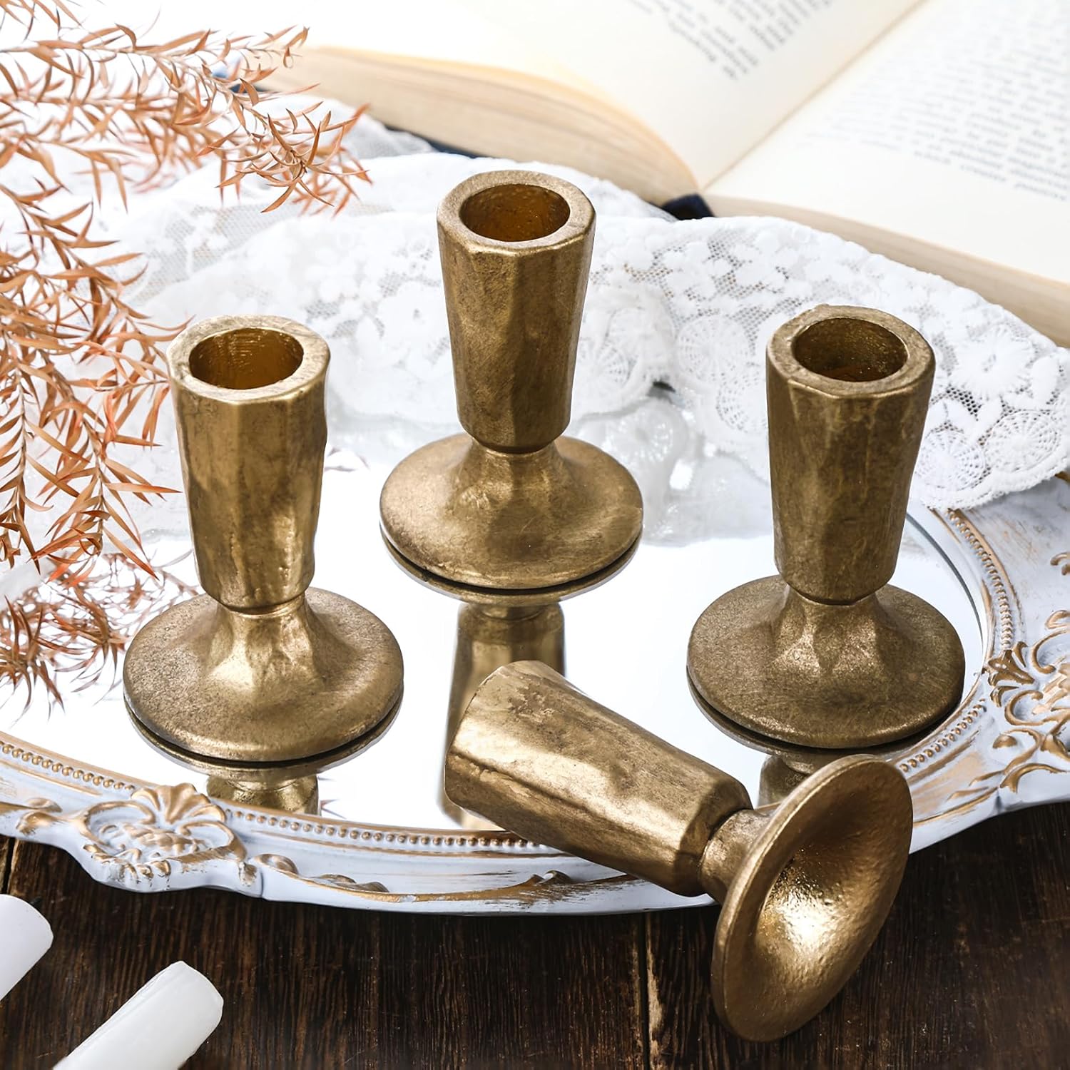 Mumufy Set of 4 Brass Taper Candle Holders Antique Vintage Candlestick Holders Brass Iron Taper Candlestick Decorative Candle Stand Decor for Weddings Dining Parties Timeless Decor Accent