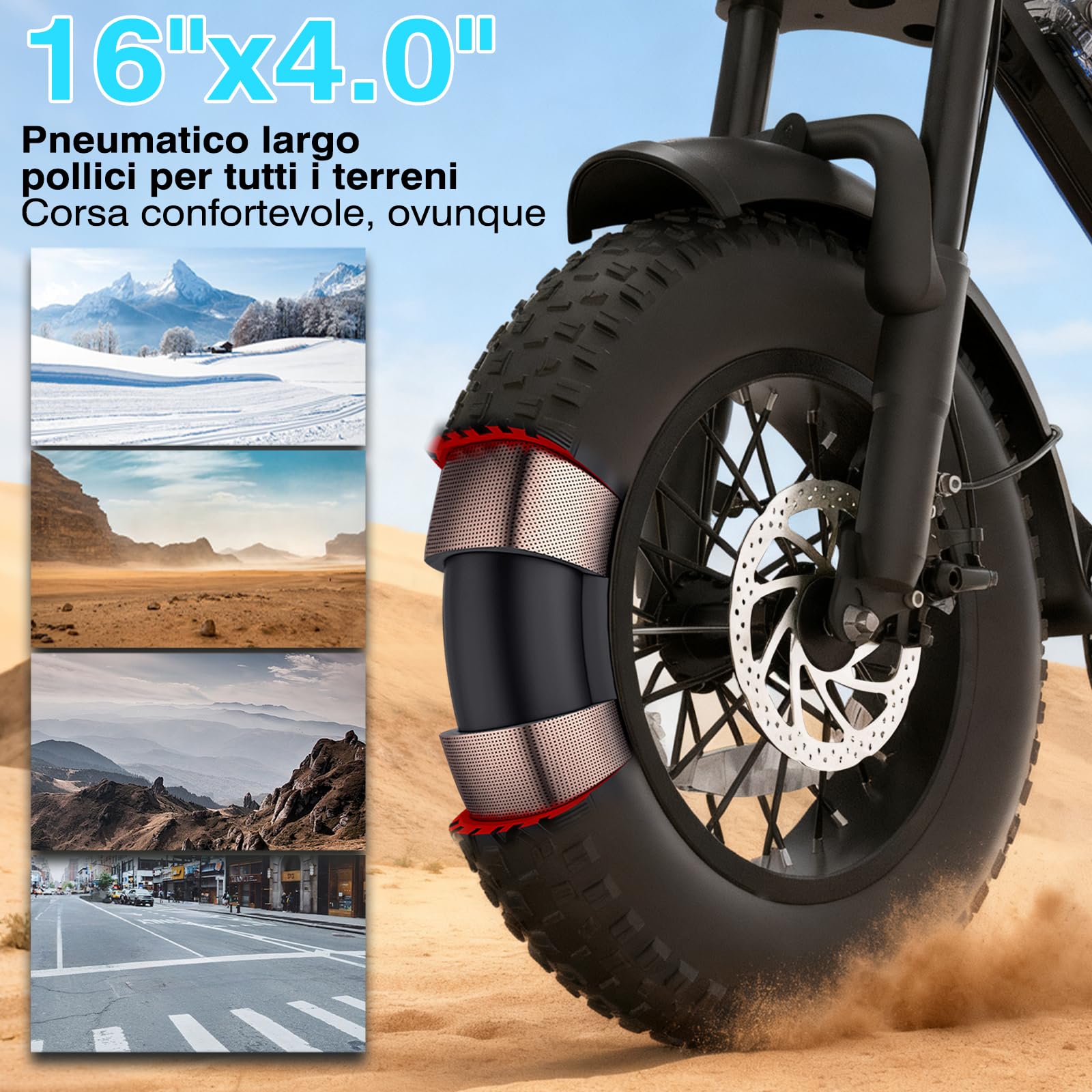Bodywel M16 Bici Elettrica Uomo, 16x4.0 Zoll Fat Mountain Bike Elettrica, Batteria 48V 13Ah, Motore 250W, Autonomia 80km (PAS), Display LED da 4.0”, Freni a Doppio Disco