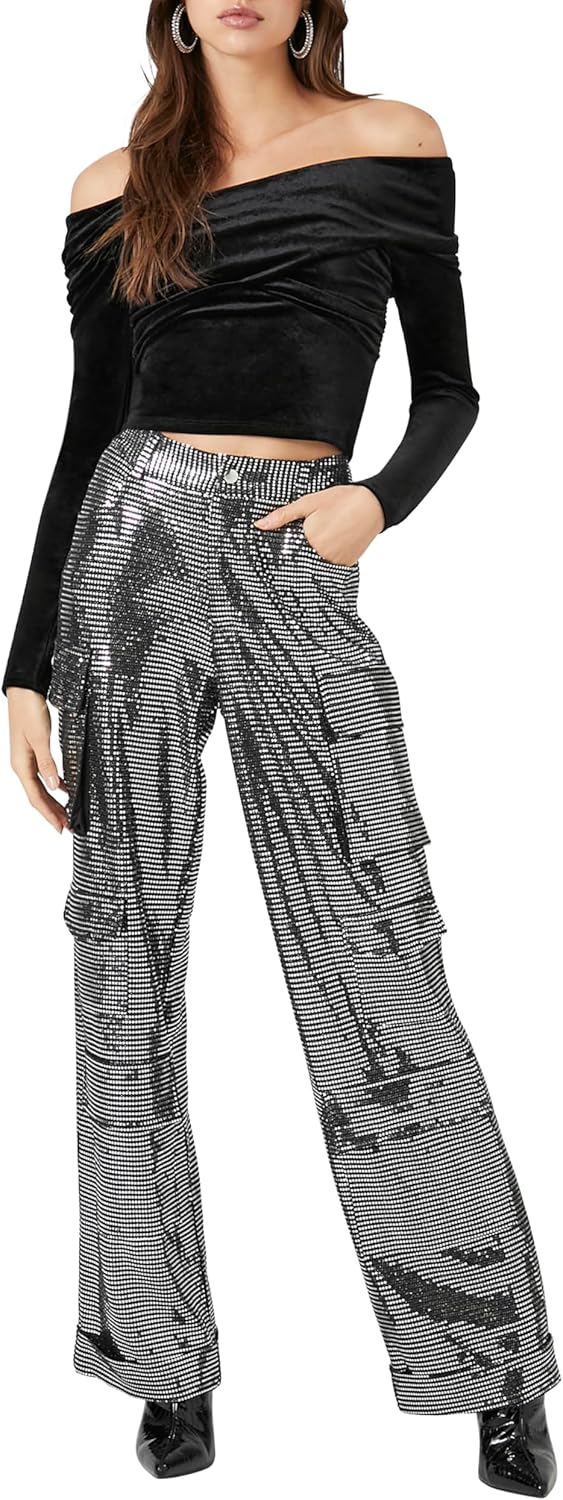 Forever 21 Womens Metallic Wide-Leg Cargo Pants