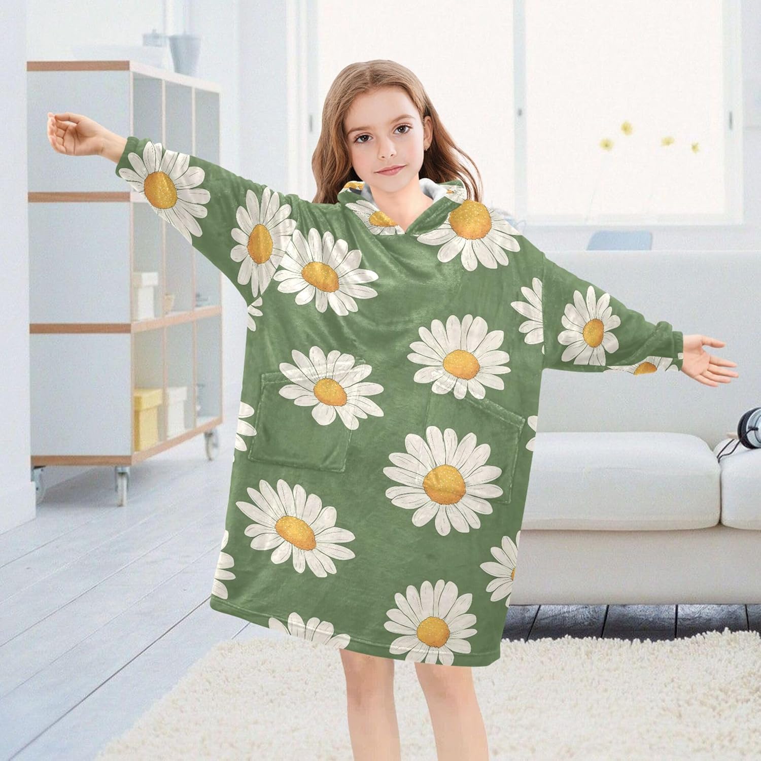 White Daisy Flowers Kids Wearable Blanket Hoodie with Pocket and Sleeves for Toddlers, Cute Hoodies Girls Boys