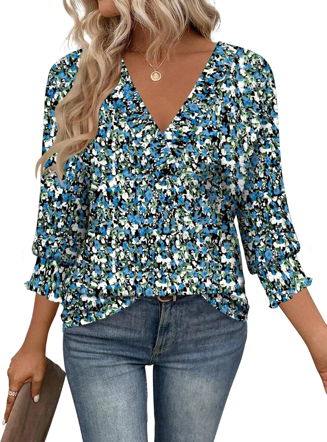 Women 3/4 Sleeve Tops V Neck Casual Trendy Dressy Shirt Fall Fashion 2025