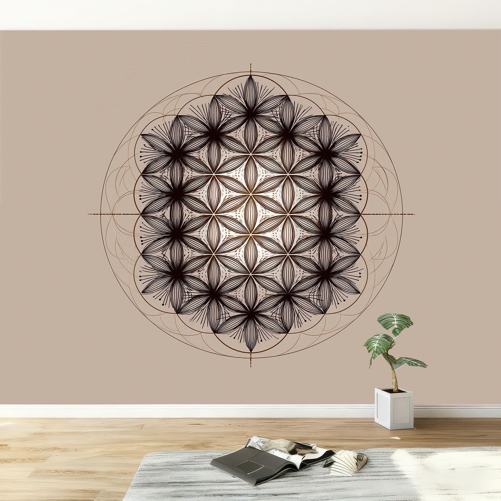 Fototapeta boho, 350 szer. x 256 cm, abstrakcyjny geometryczny kwiat życia, trwała, włóknina, sztuka ścienna, do salonu, biura, przedszkola, pokoju zabaw, odporna na rozdarcie, tapeta ścienna plakat