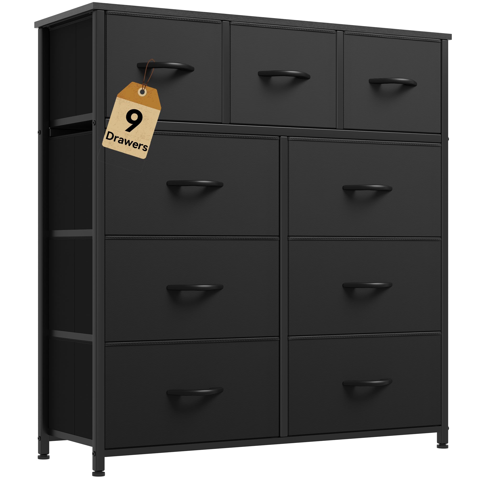 DWVO Dresser with 9 Drawers - Fabric Storage Tower, Organizer Unit for Living Room, Hallway - Sturdy Steel Frame, Wooden Top & Easy Pull Fabric Bins (Black)
