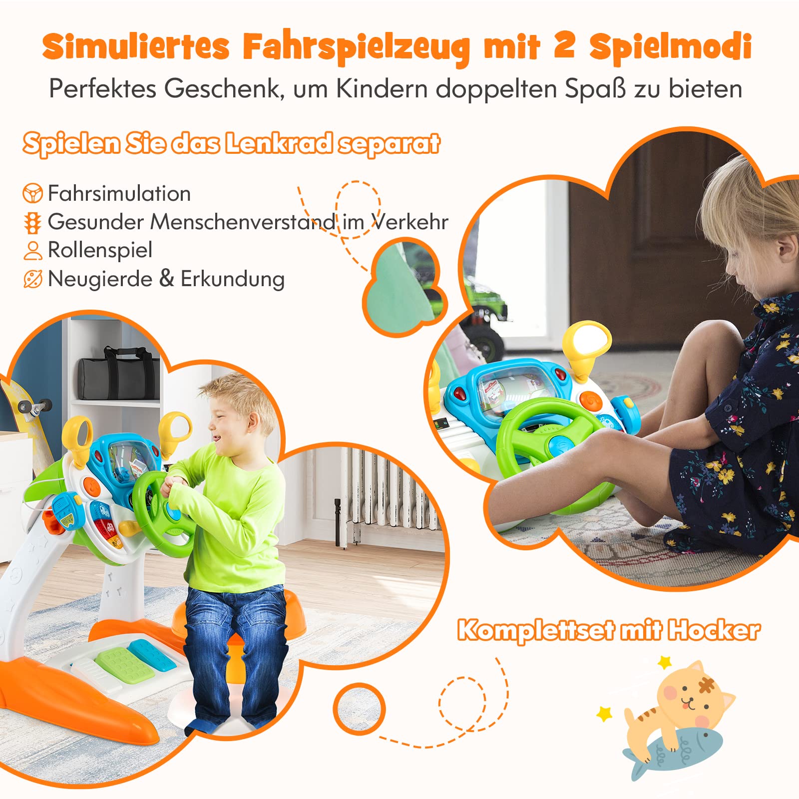 COSTWAY Zabawka na kierownicę, interaktywna zabawka rowerowa ze stołkiem, światłem, muzyką, rogiem, megafonem, prezent dla dzieci, na wycieczkę samochodową, edukacyjny ruch uliczny dla przedszkolaków