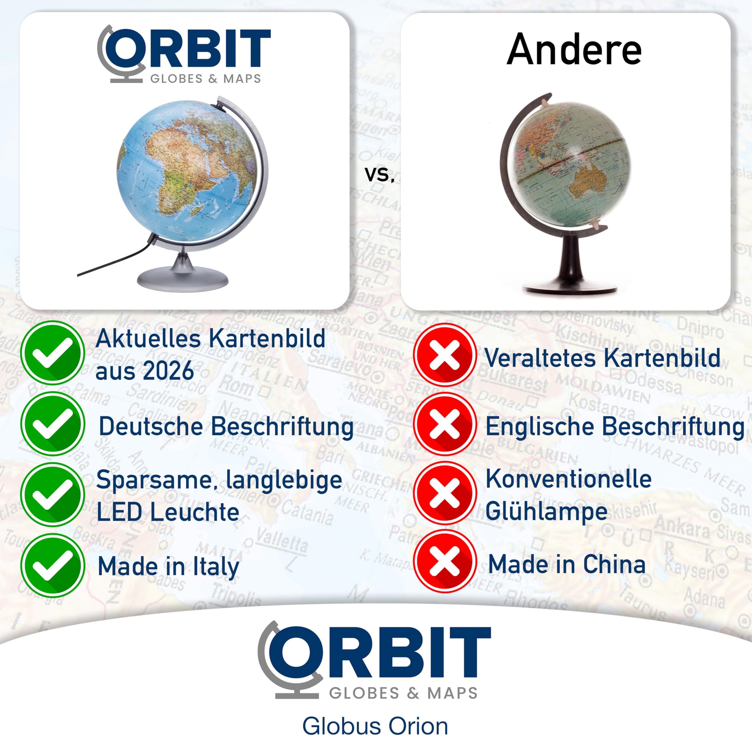 ORBIT GLOBES & MAPS - Leuchtglobus - 30cm Globus mit stabilem Standfuß, Kartenbild 2026 physikalisch/politisch mit LED Leuchte, Aktuelles deutsches Kartenbild, Schülerglobus