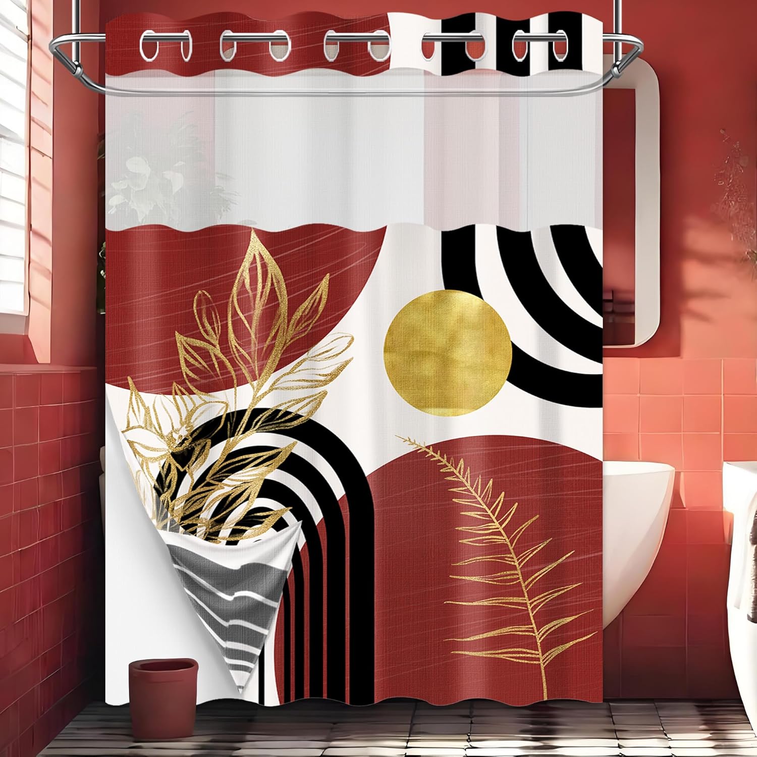 Black and Red Hookless Shower Curtain with Snap in Liner, Boho Red Mid Century Modern No Minimalist Hook Double Layer Shower Curtain and Liner Set, Waterproof Cloth Fabric, 71" W X 74" L (Pack of 1)